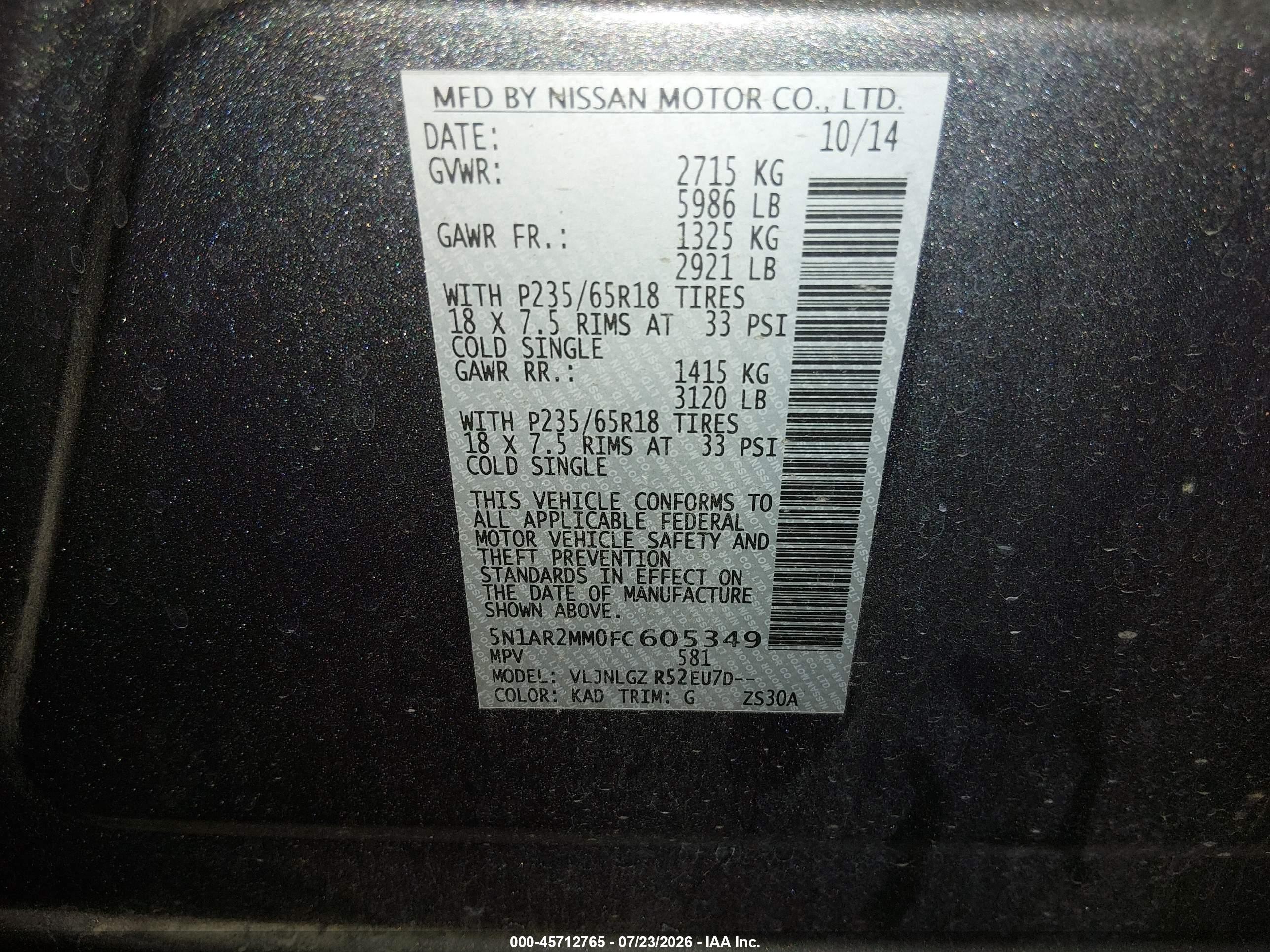 2015 Nissan Pathfinder Sl Gray vin: 5N1AR2MM0FC605349