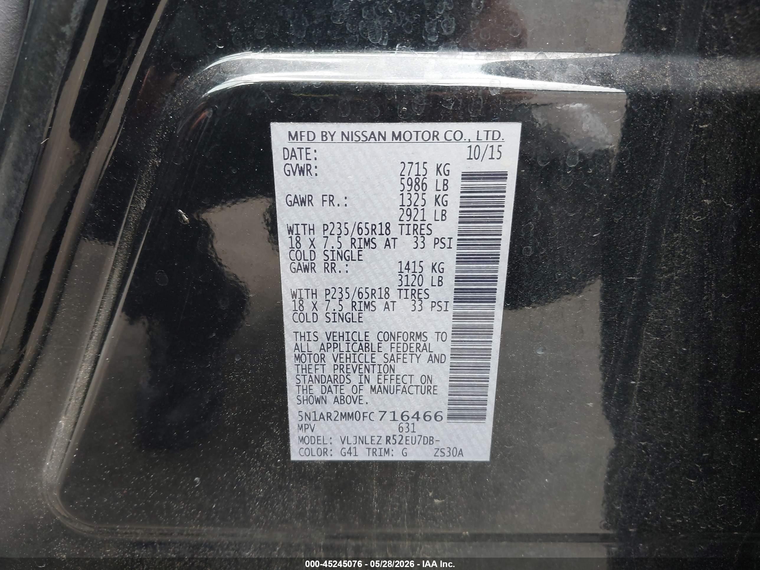 2015 Nissan Pathfinder Sv Black vin: 5N1AR2MM0FC716466