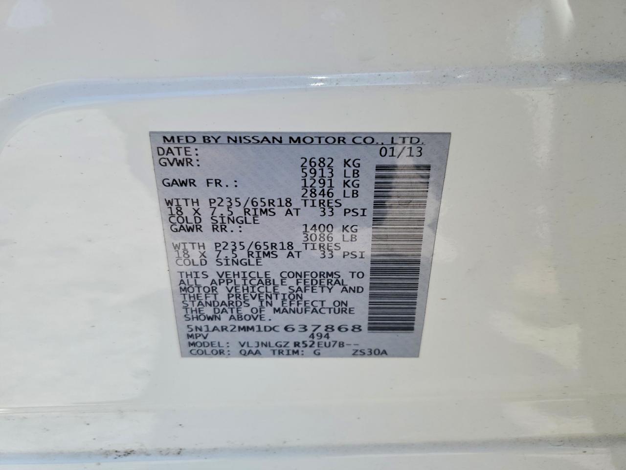 2013 Nissan Pathfinder S White vin: 5N1AR2MM1DC637868