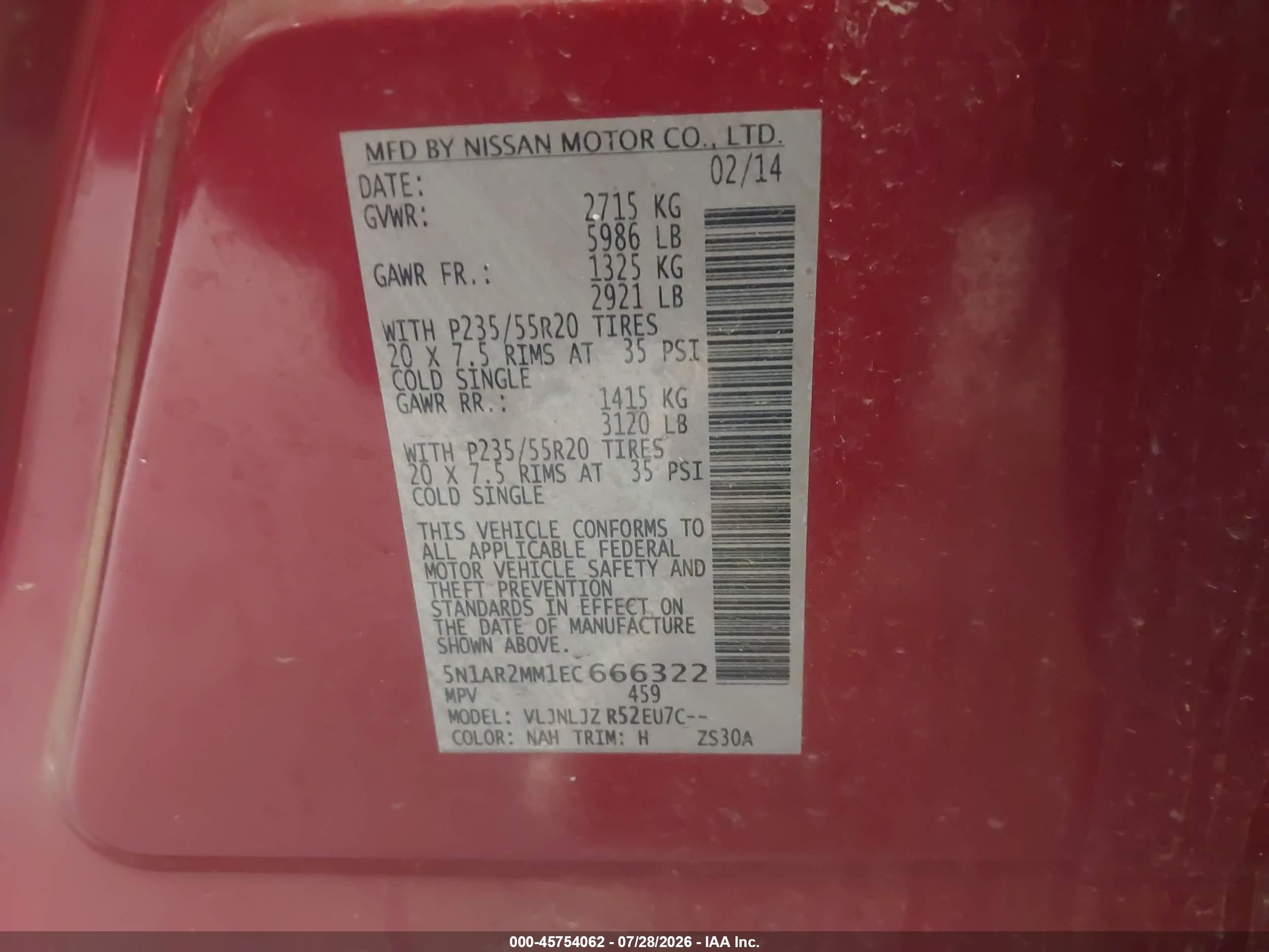 2014 Nissan Pathfinder Platinum Red vin: 5N1AR2MM1EC666322