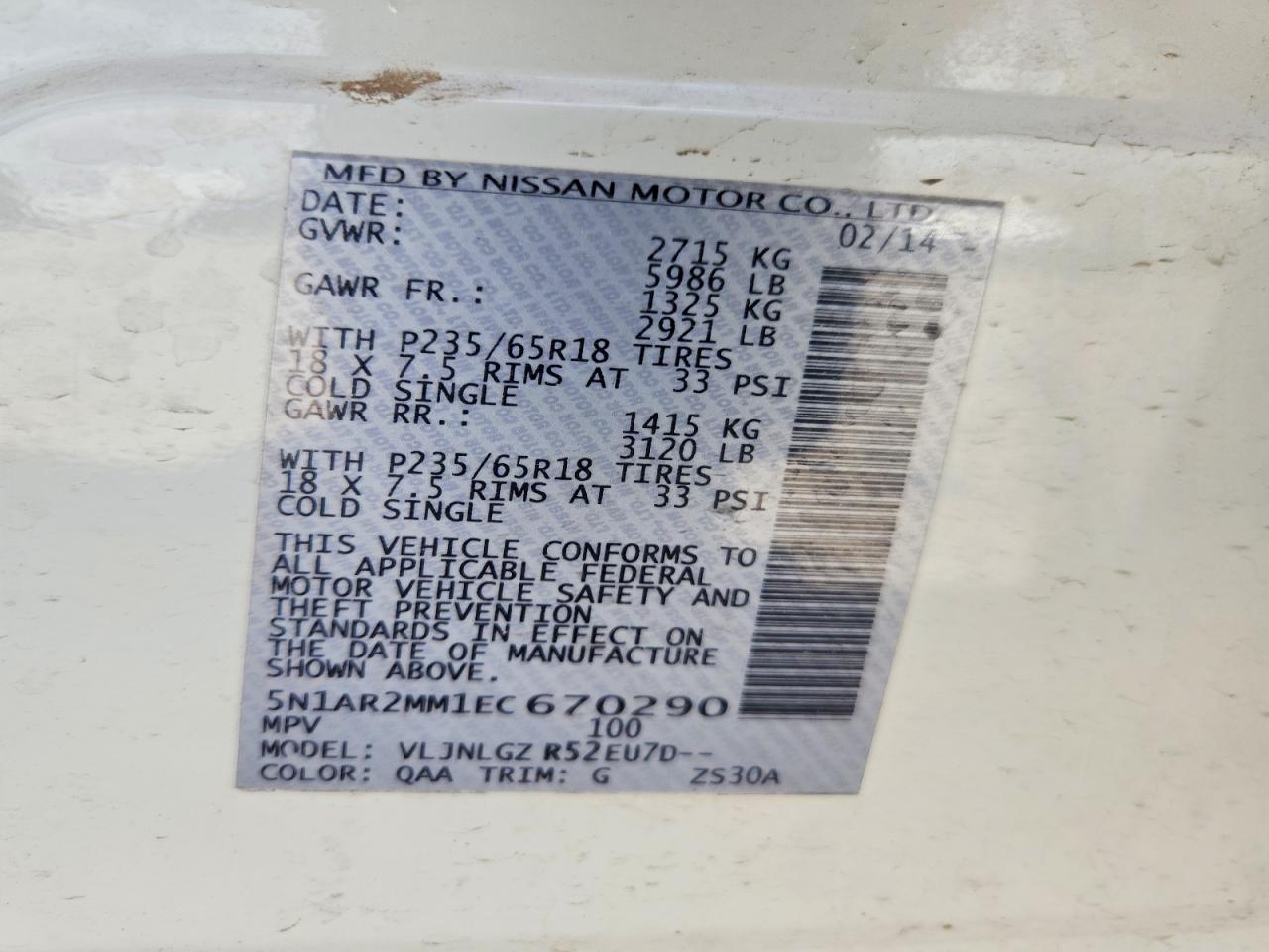 2014 Nissan Pathfinder Sl White vin: 5N1AR2MM1EC670290