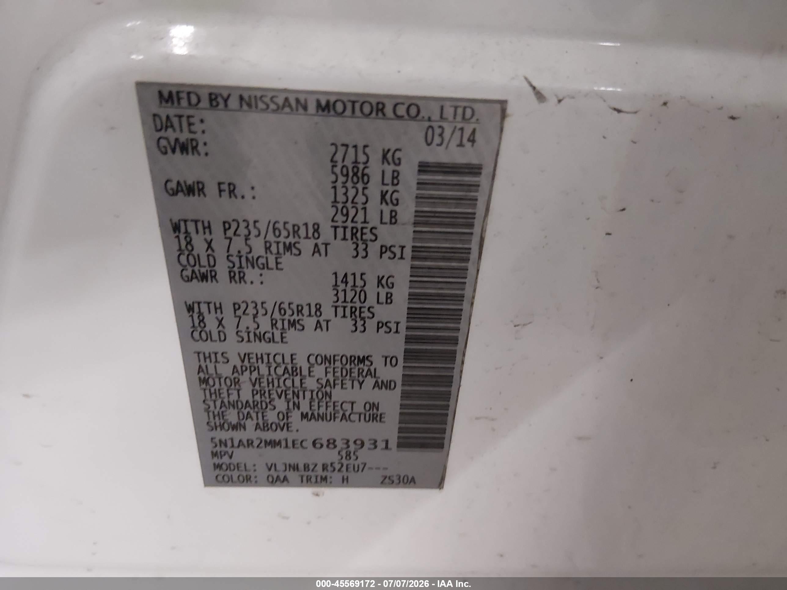 2014 Nissan Pathfinder S White vin: 5N1AR2MM1EC683931