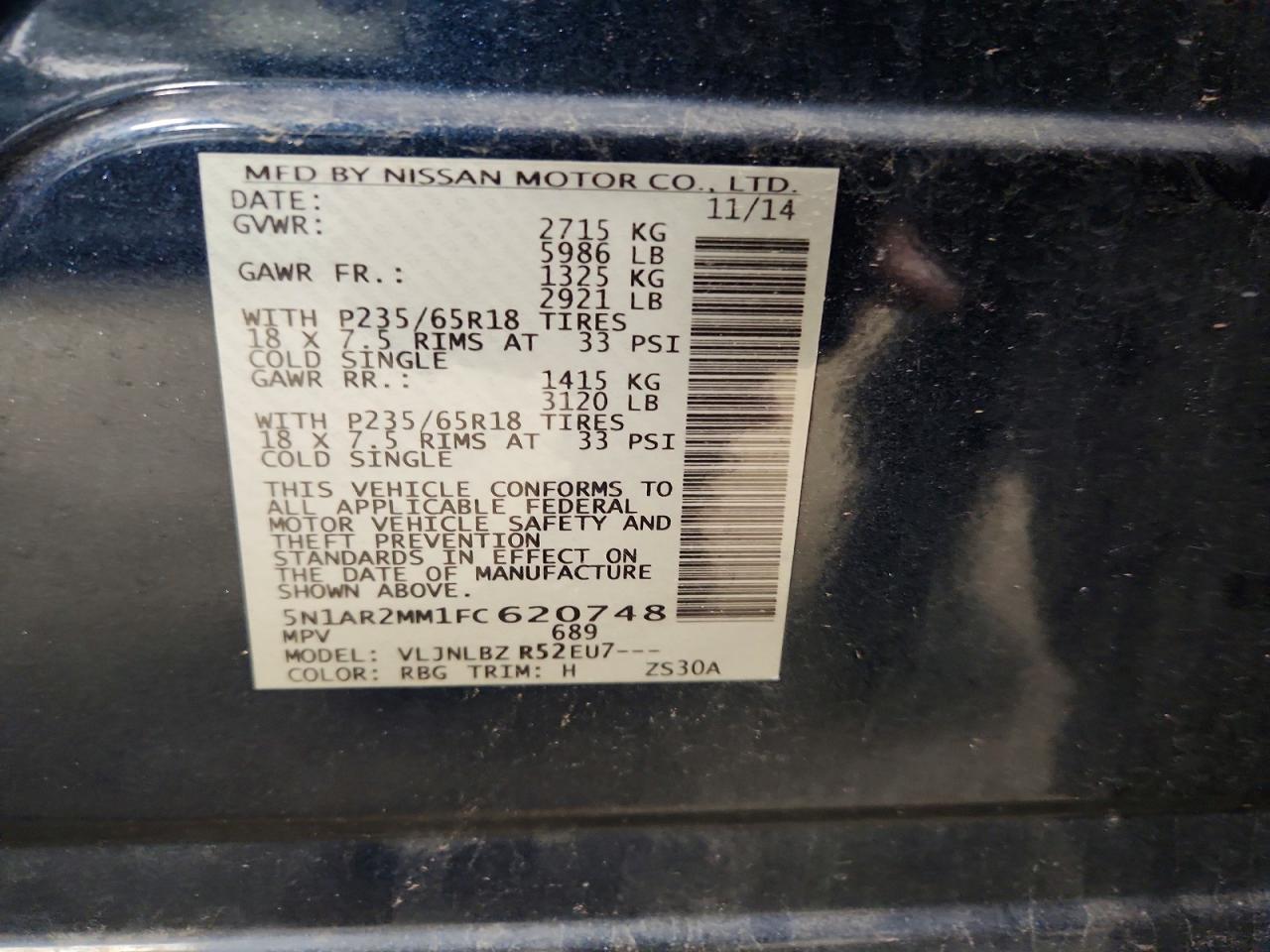 2015 Nissan Pathfinder S Blue vin: 5N1AR2MM1FC620748
