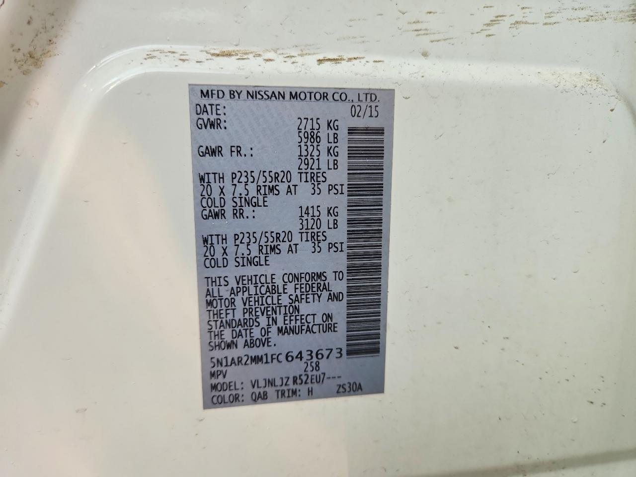 2015 Nissan Pathfinder S White vin: 5N1AR2MM1FC643673