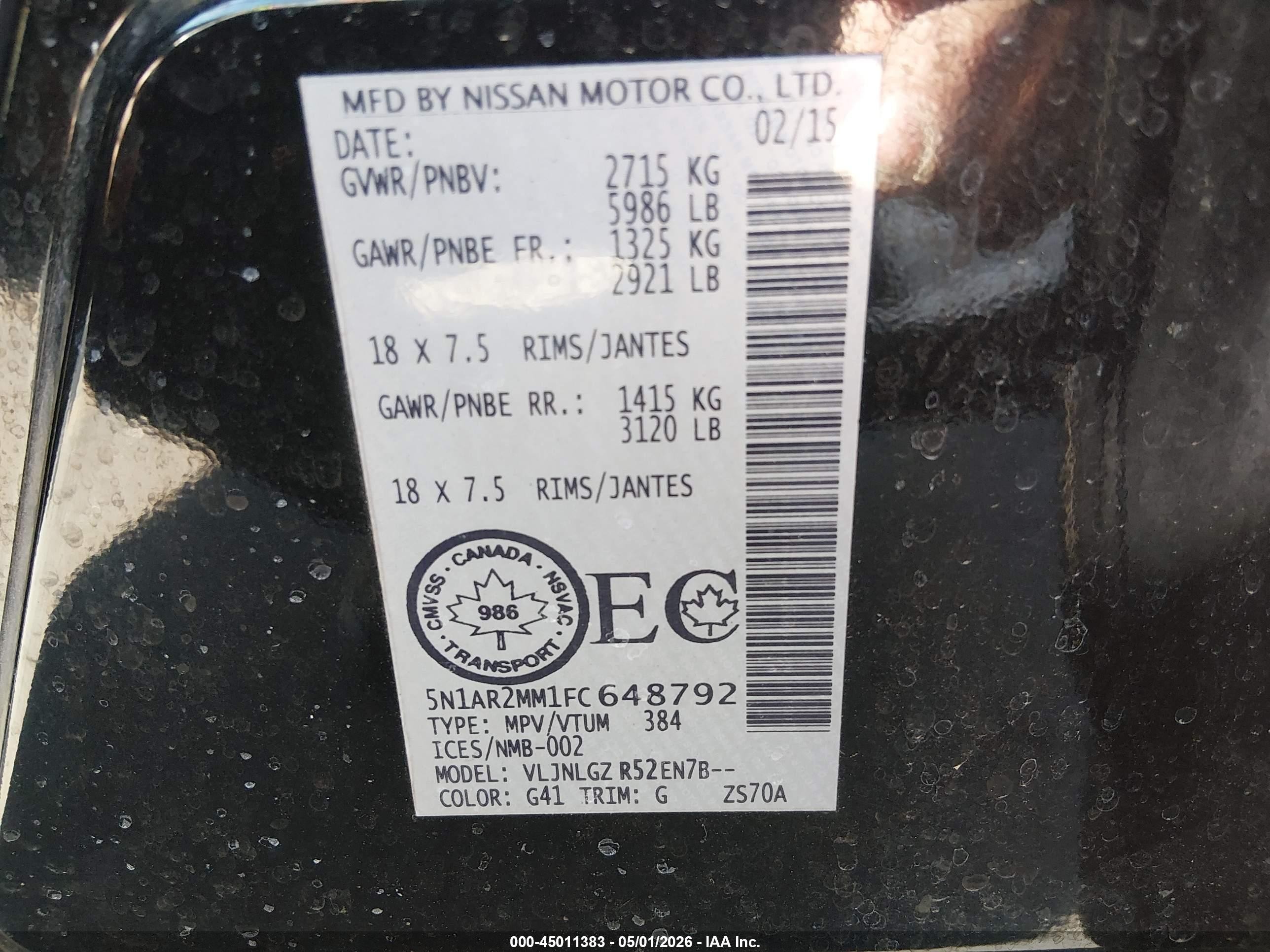 2015 Nissan Pathfinder Platinum/s/sl/sv Black vin: 5N1AR2MM1FC648792