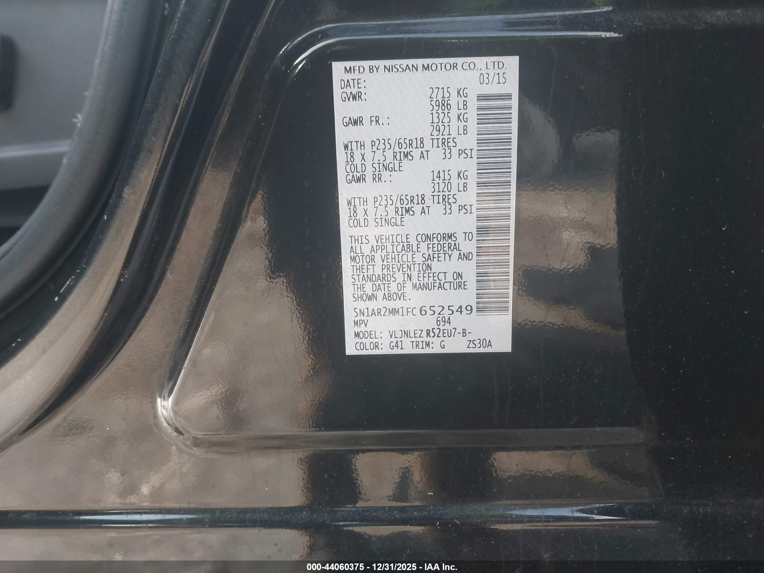 2015 Nissan Pathfinder Platinum/s/sl/sv Black vin: 5N1AR2MM1FC652549