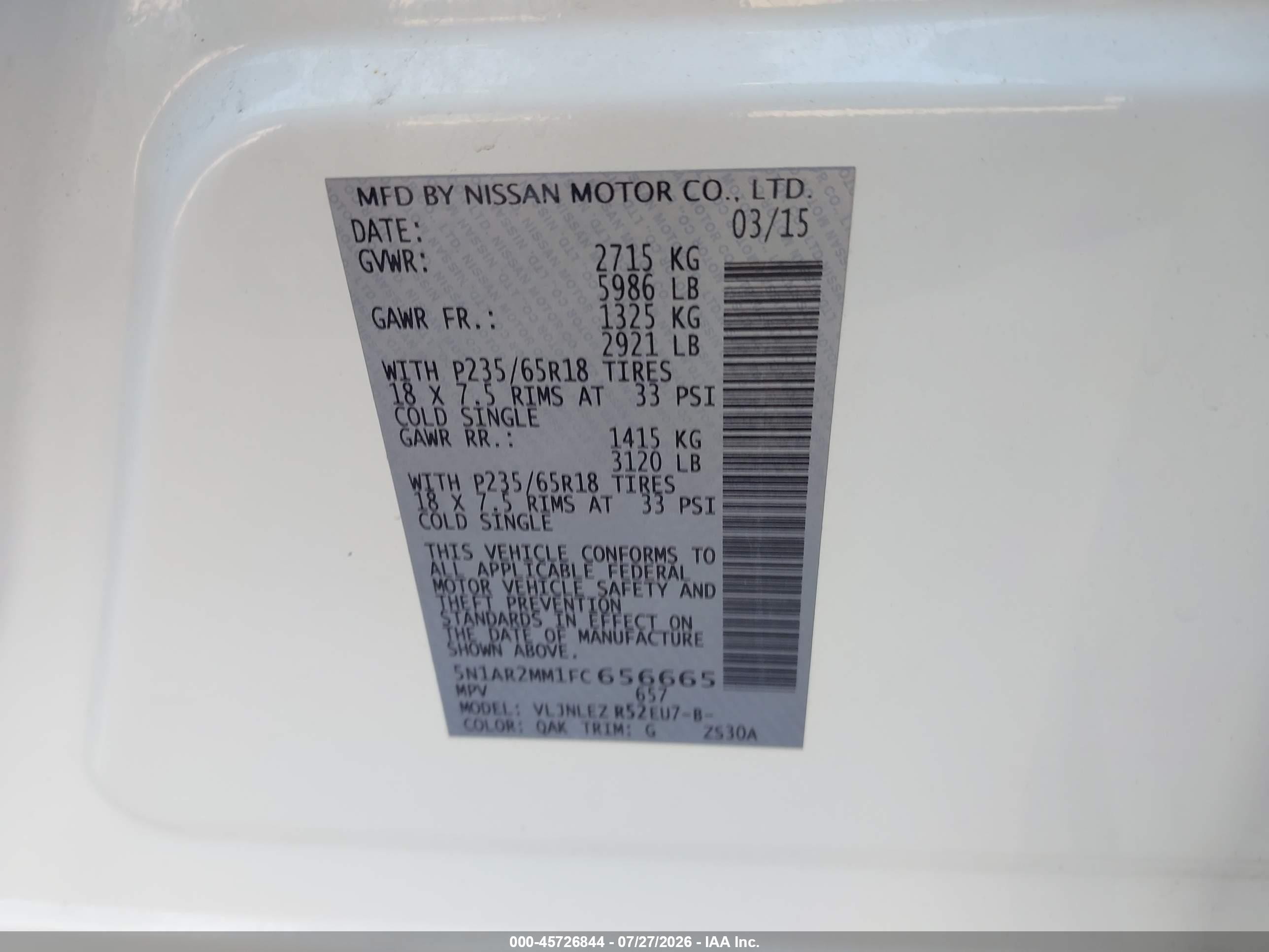 2015 Nissan Pathfinder Platinum/s/sl/sv White vin: 5N1AR2MM1FC656665
