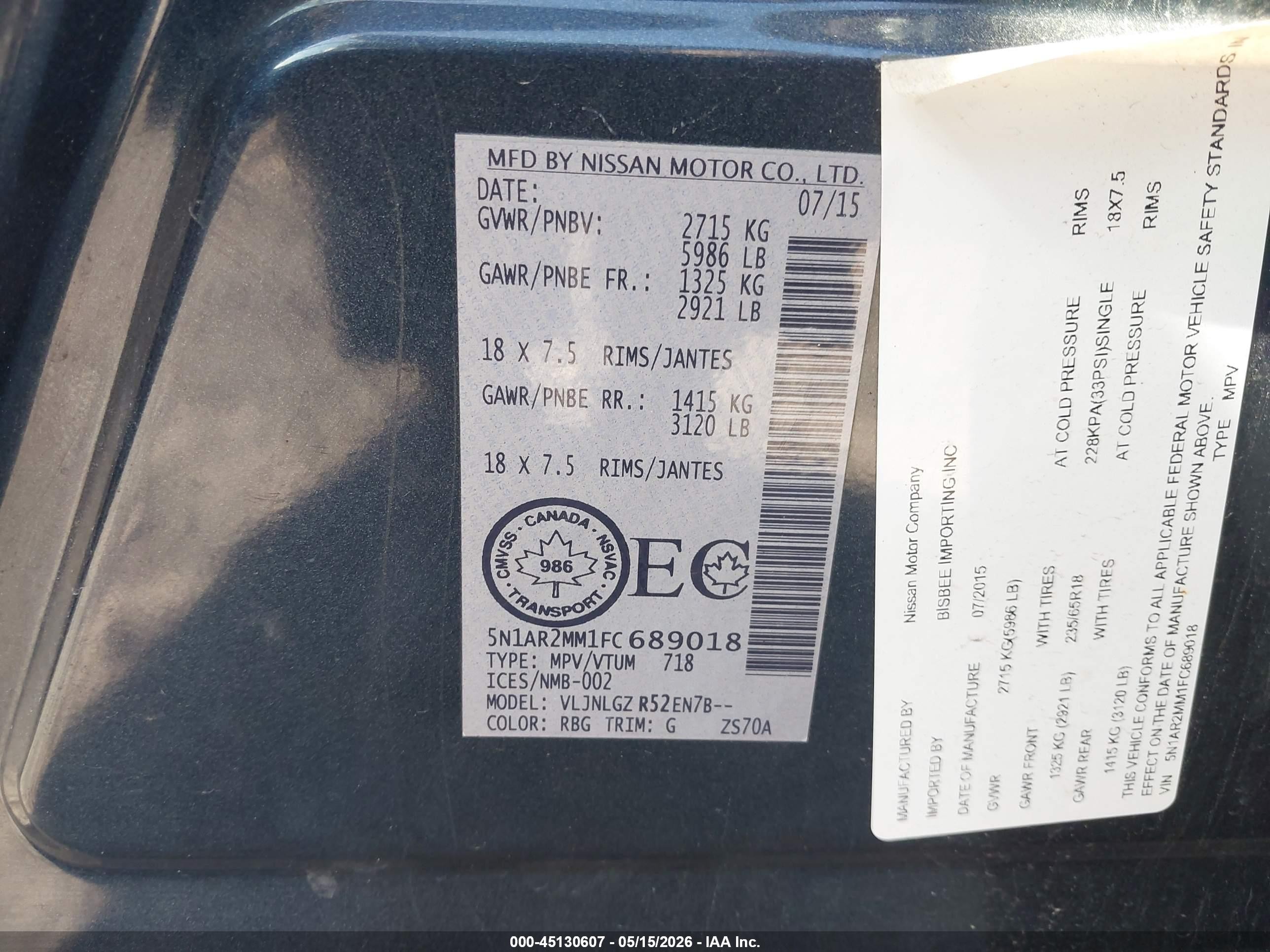 2015 Nissan Pathfinder Platinum/s/sl/sv Blue vin: 5N1AR2MM1FC689018