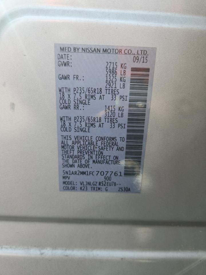 2015 Nissan Pathfinder Sl Silver vin: 5N1AR2MM1FC707761