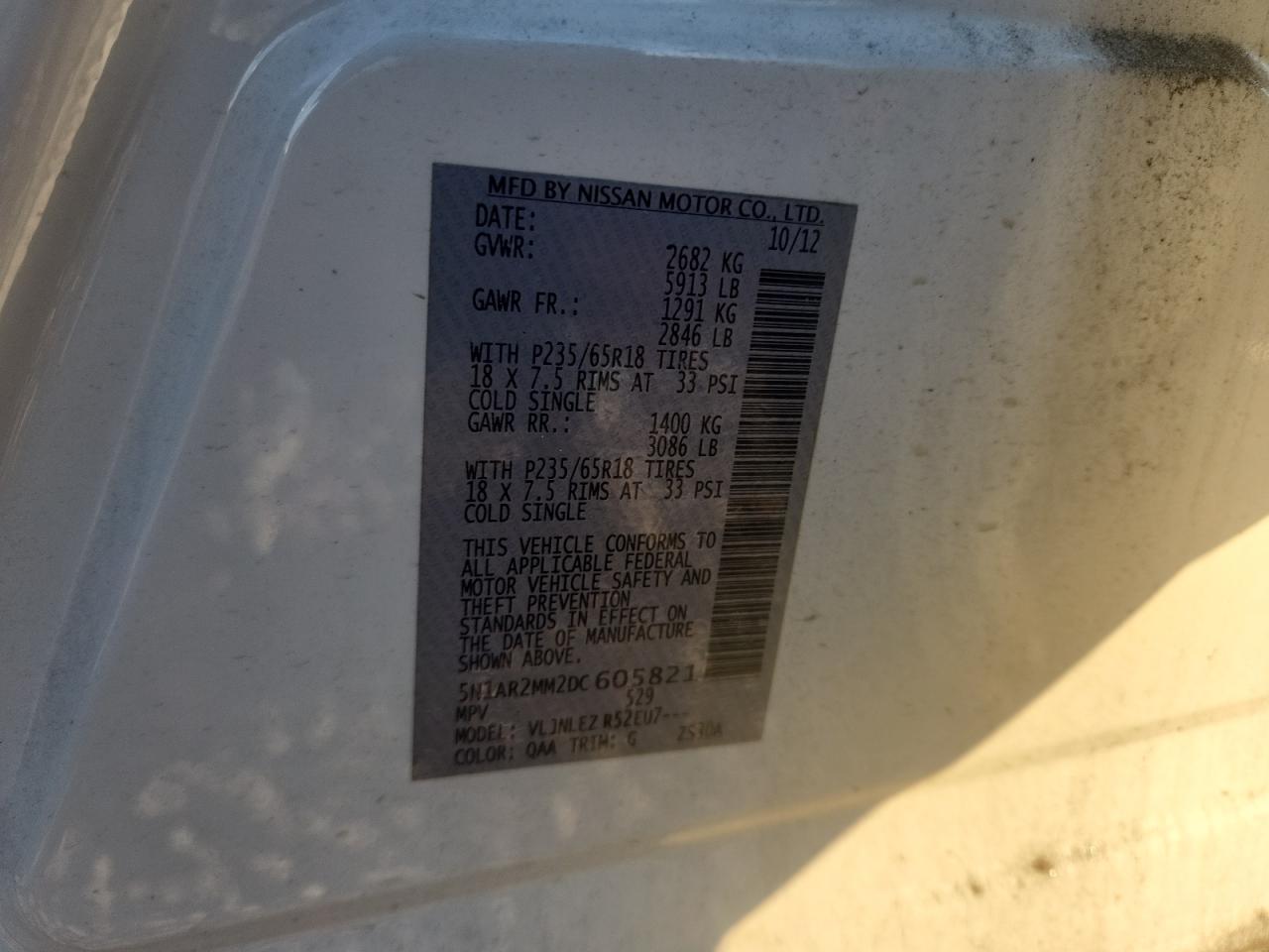 2013 Nissan Pathfinder S White vin: 5N1AR2MM2DC605821