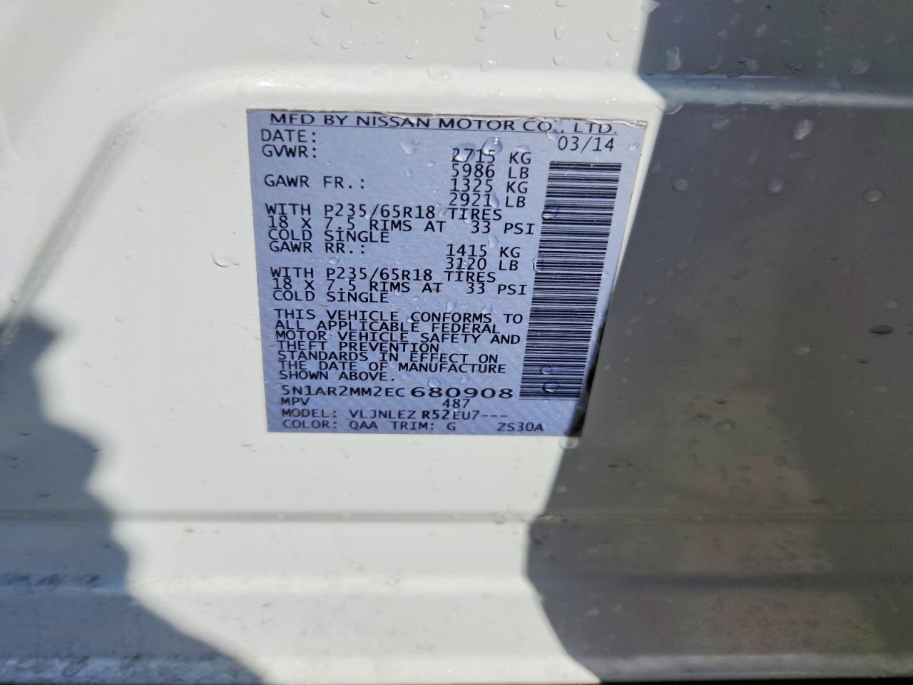2014 Nissan Pathfinder Sv White vin: 5N1AR2MM2EC680908