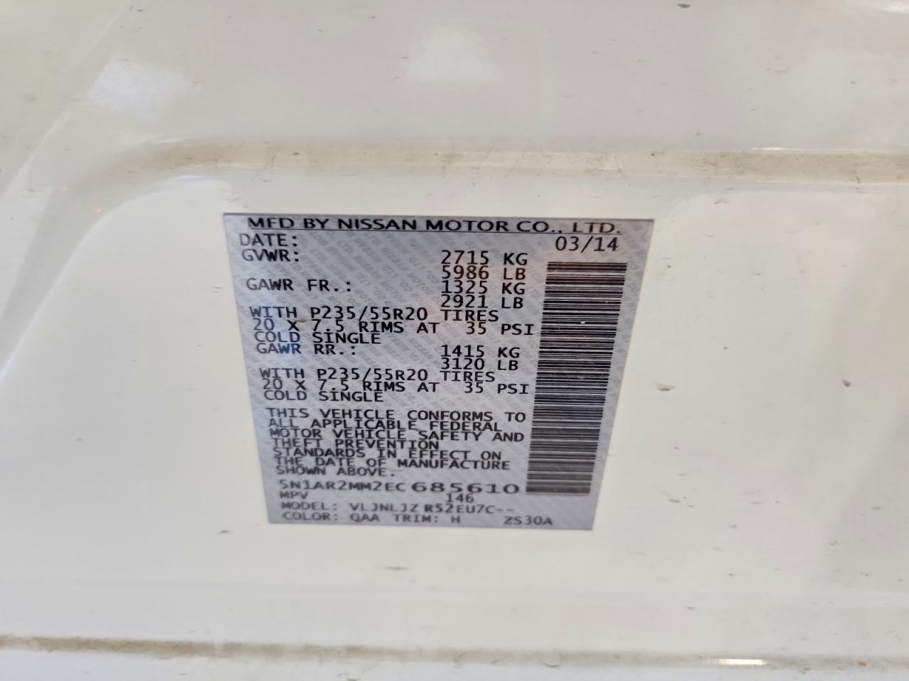 2014 Nissan Pathfinder S White vin: 5N1AR2MM2EC685610