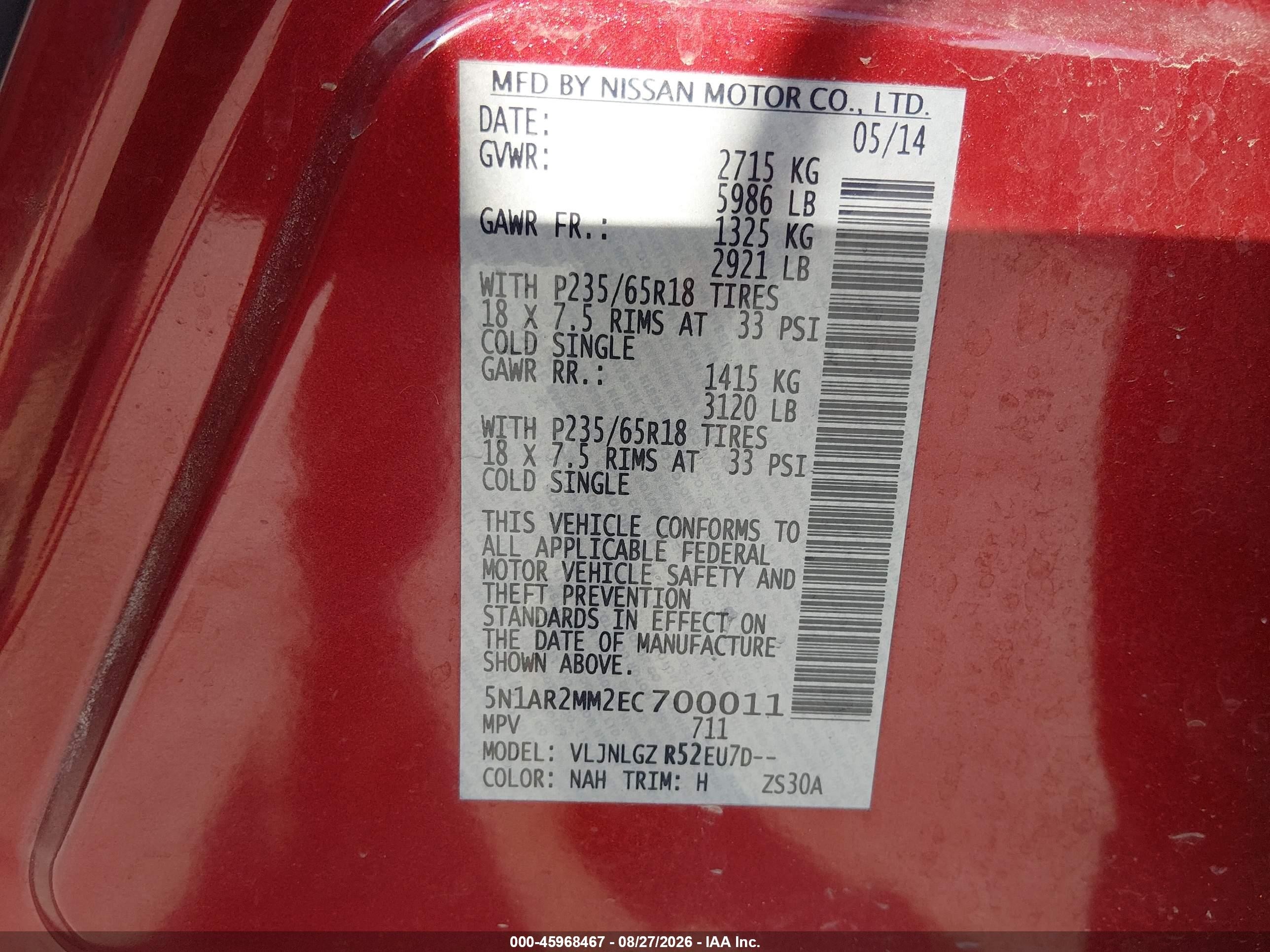 2014 Nissan Pathfinder Sl Red vin: 5N1AR2MM2EC700011