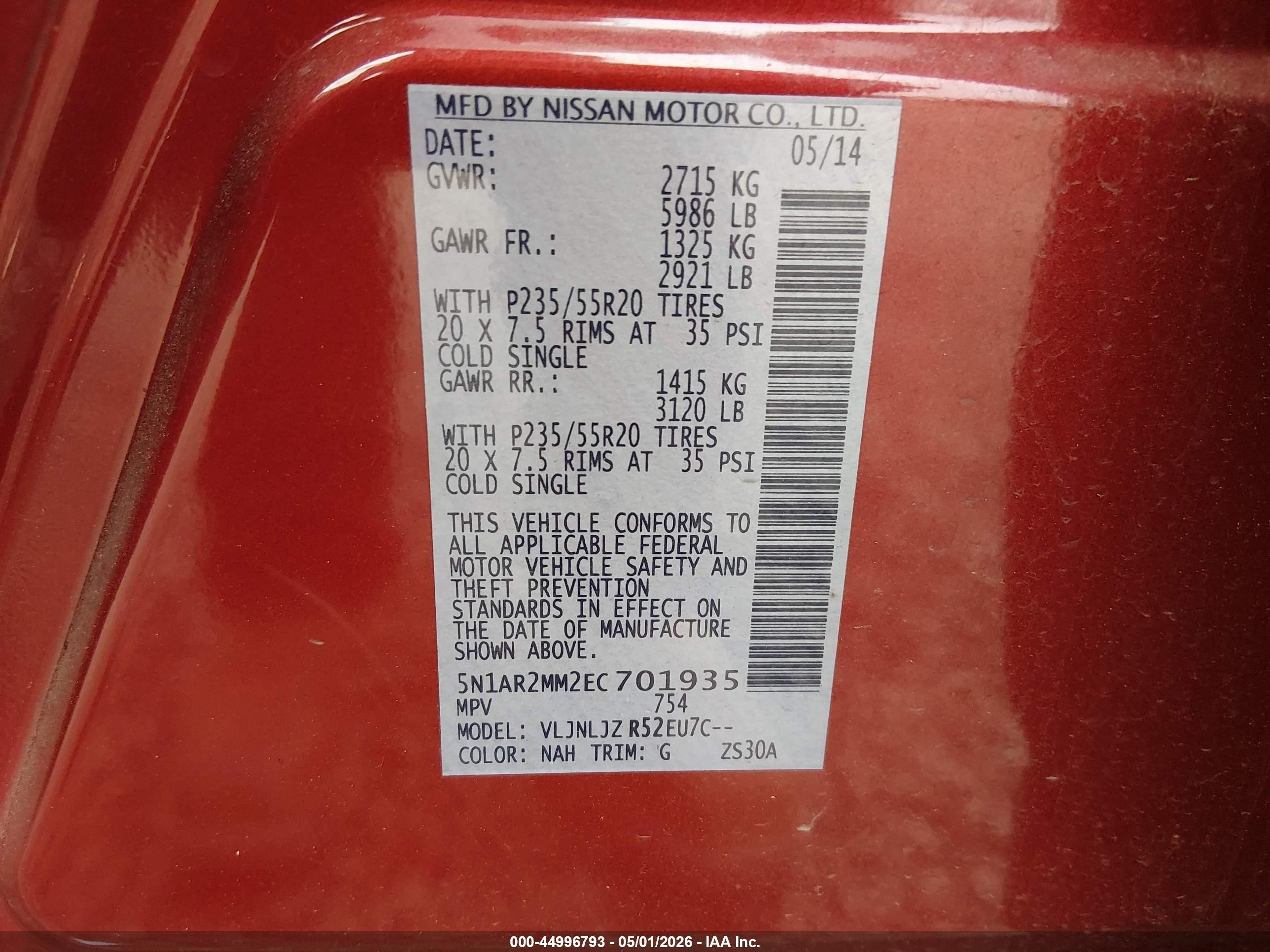 2014 Nissan Pathfinder Platinum Red vin: 5N1AR2MM2EC701935