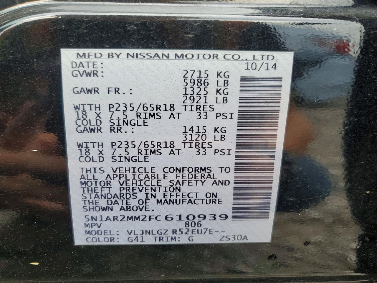 2015 Nissan Pathfinder Sl Black vin: 5N1AR2MM2FC610939