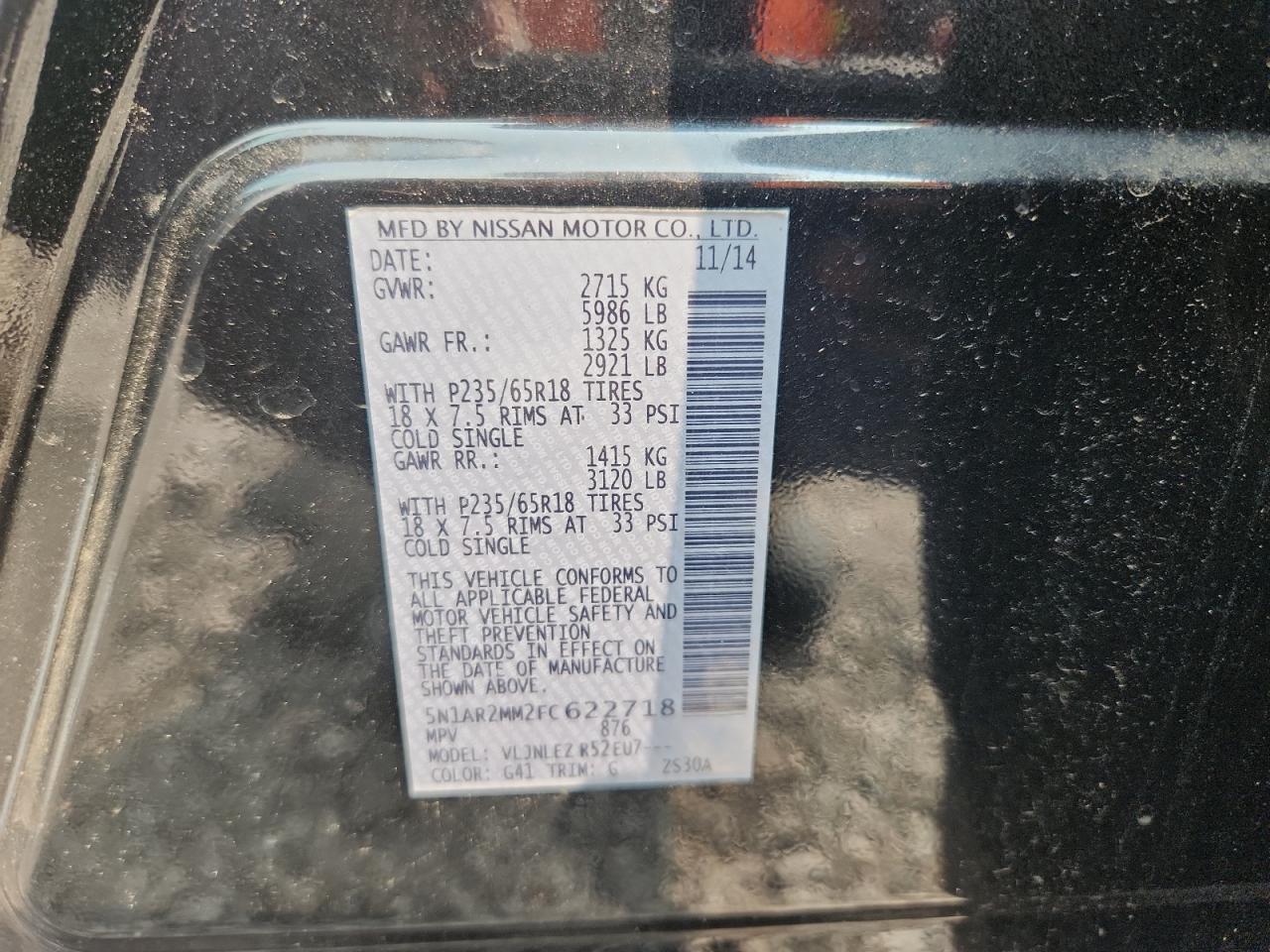 2015 Nissan Pathfinder Sv Black vin: 5N1AR2MM2FC622718