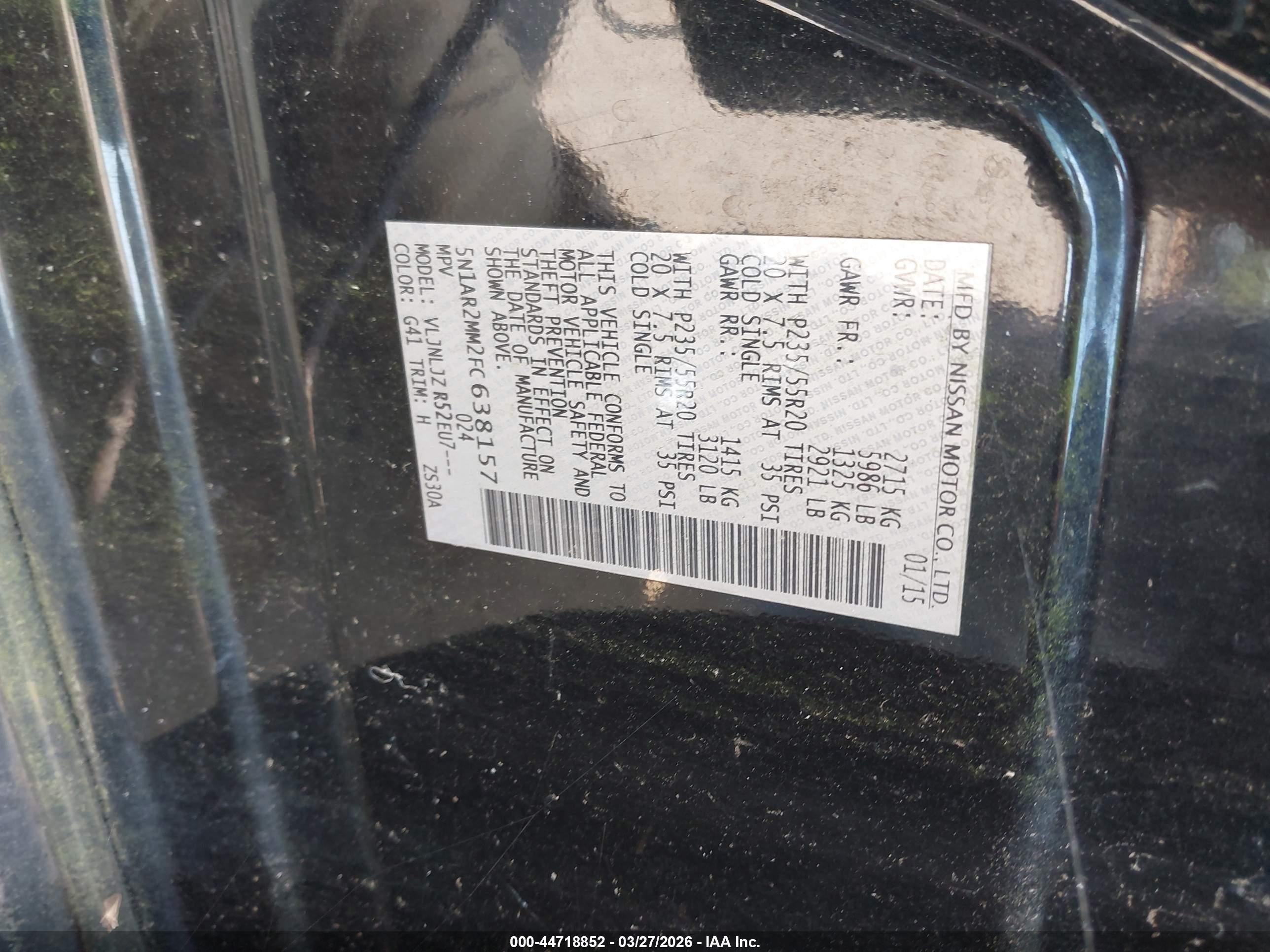 2015 Nissan Pathfinder Platinum Black vin: 5N1AR2MM2FC638157