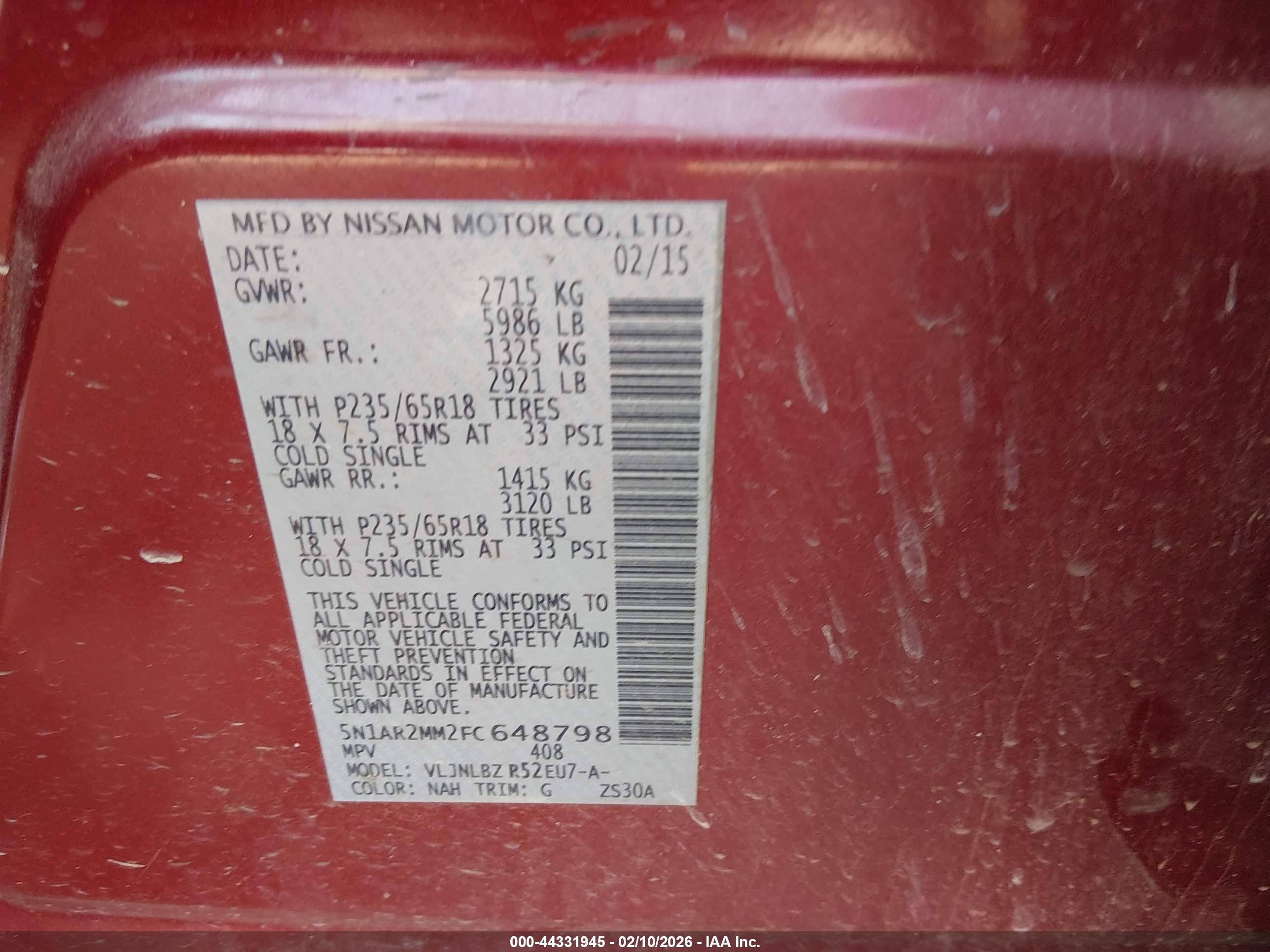 2015 Nissan Pathfinder S Red vin: 5N1AR2MM2FC648798