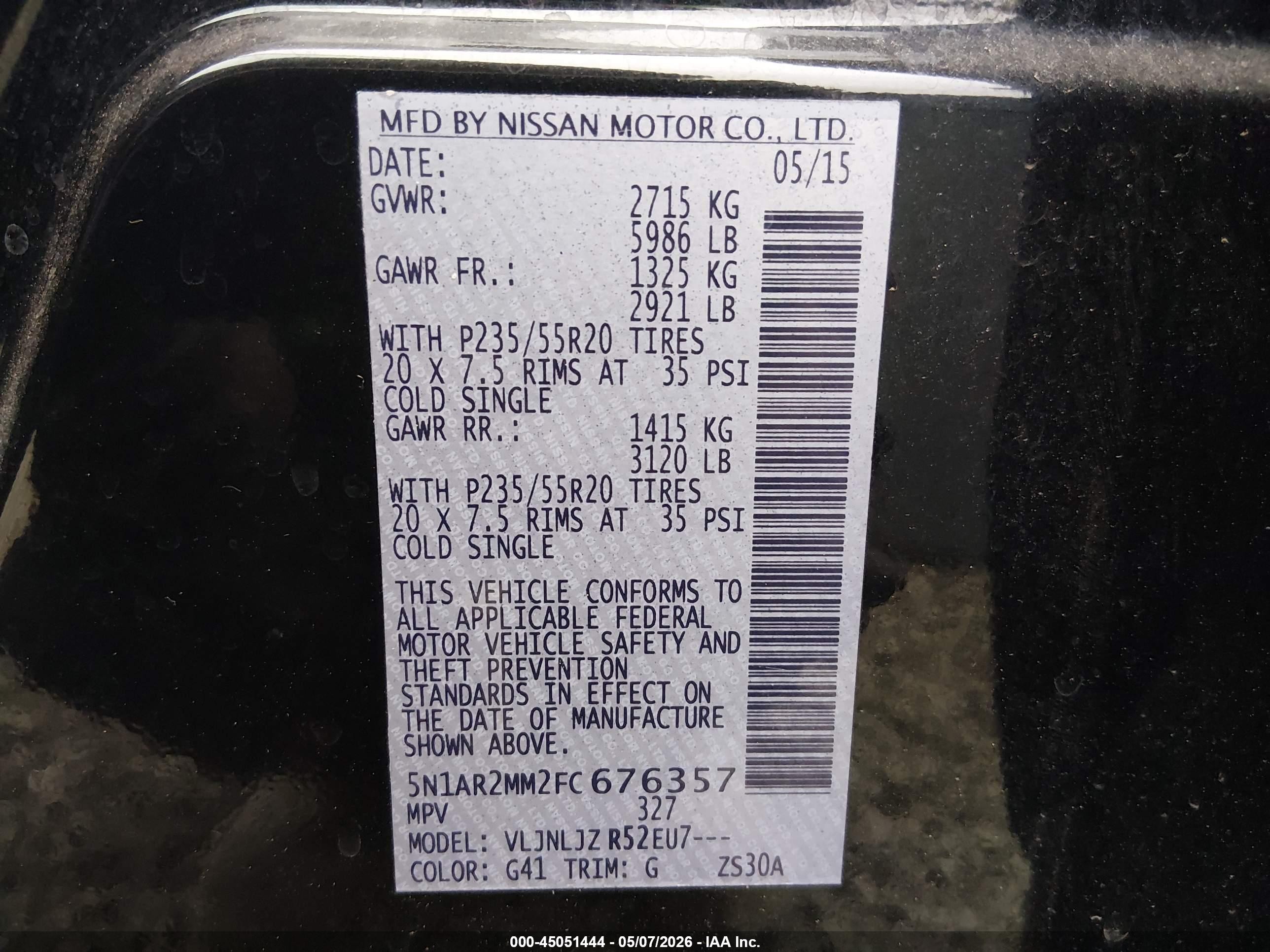 2015 Nissan Pathfinder Platinum/s/sl/sv Black vin: 5N1AR2MM2FC676357