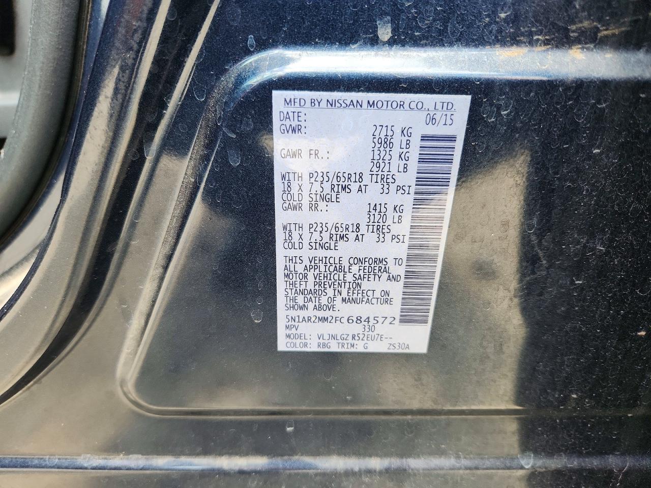 2015 Nissan Pathfinder Sl Blue vin: 5N1AR2MM2FC684572