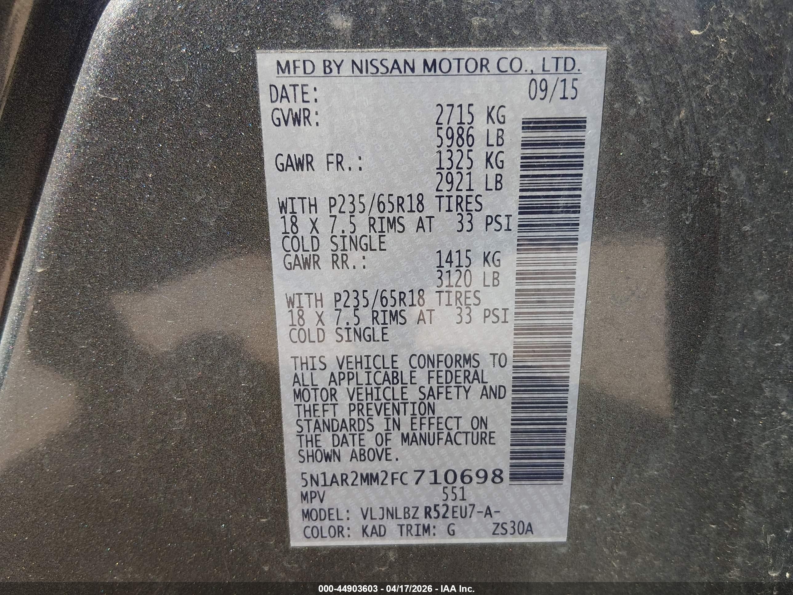 2015 Nissan Pathfinder S Gray vin: 5N1AR2MM2FC710698