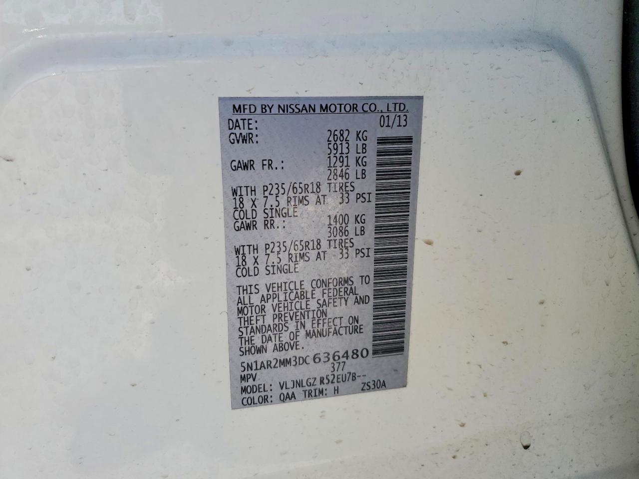 2013 Nissan Pathfinder White vin: 5N1AR2MM3DC636480