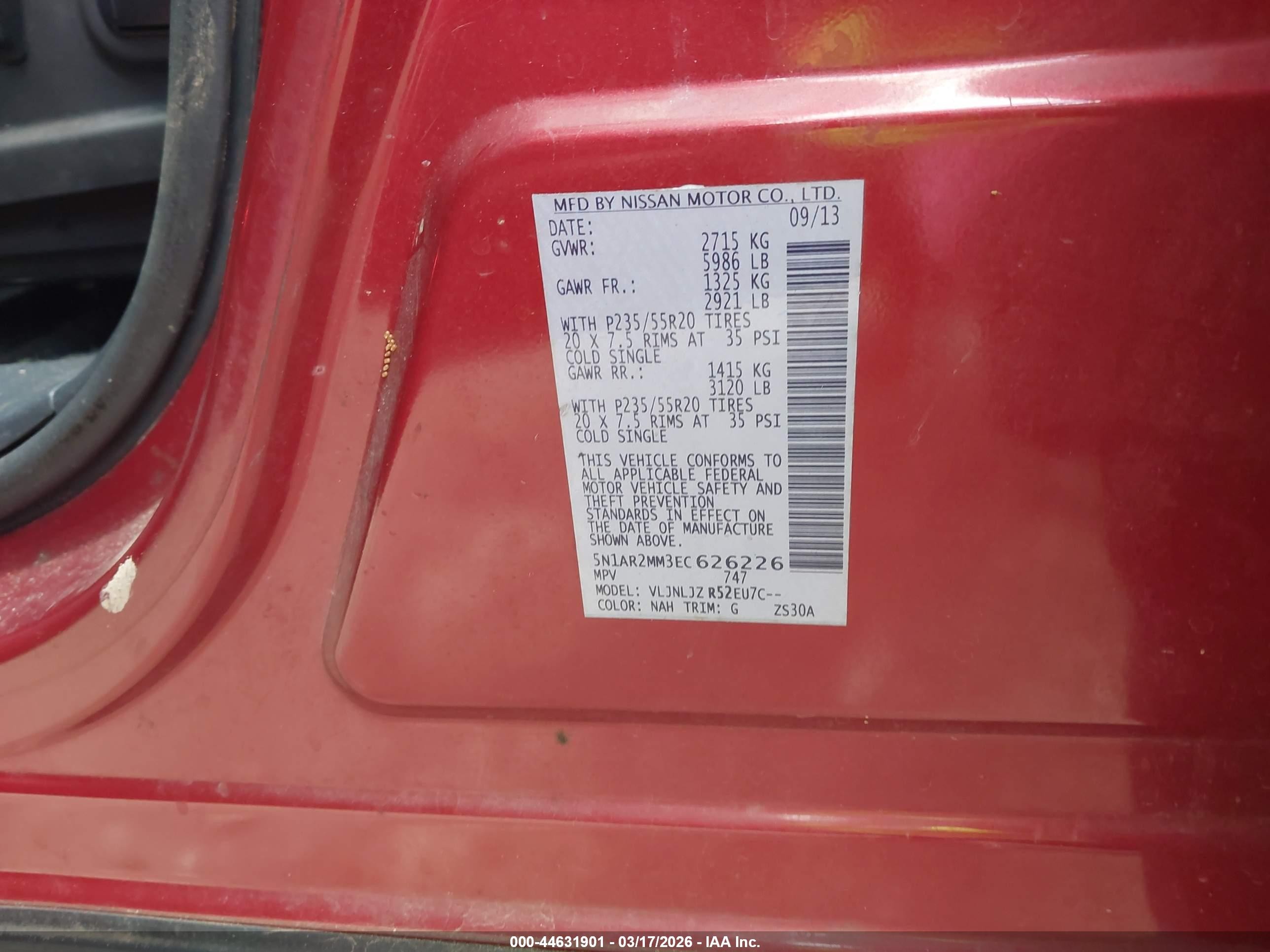 2014 Nissan Pathfinder Platinum Red vin: 5N1AR2MM3EC626226