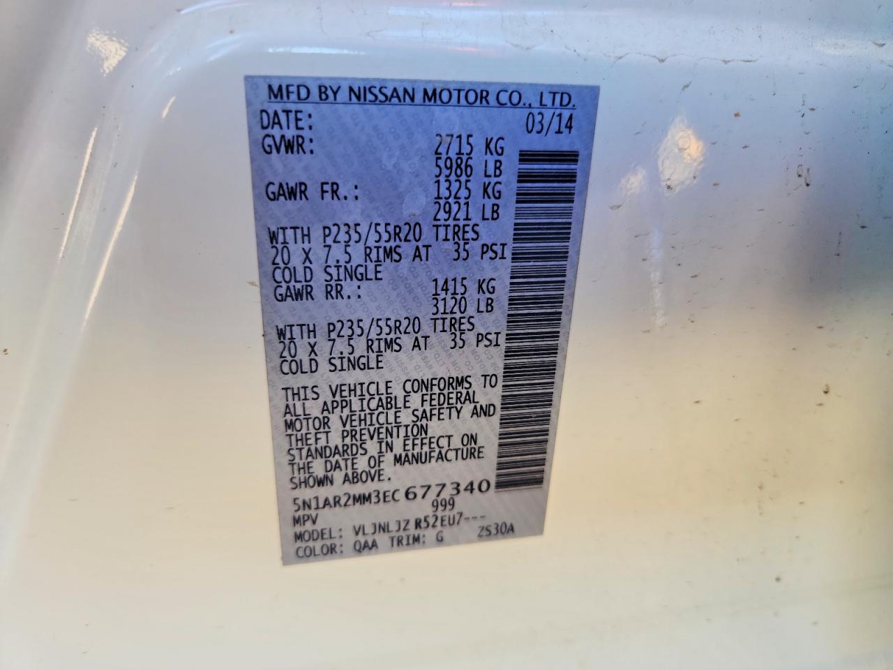 2014 Nissan Pathfinder Platinum White vin: 5N1AR2MM3EC677340