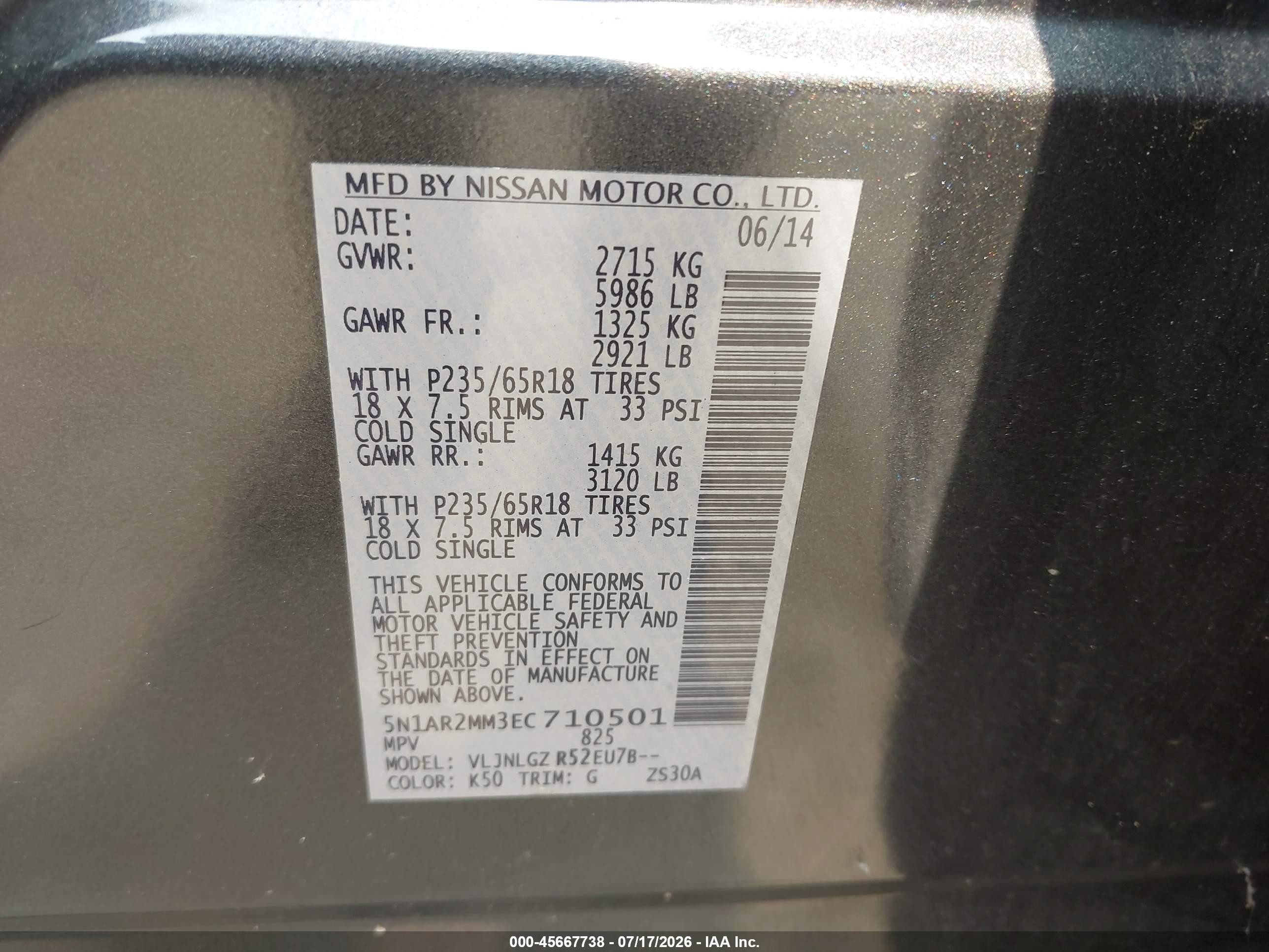 2014 Nissan Pathfinder Sl Gray vin: 5N1AR2MM3EC710501