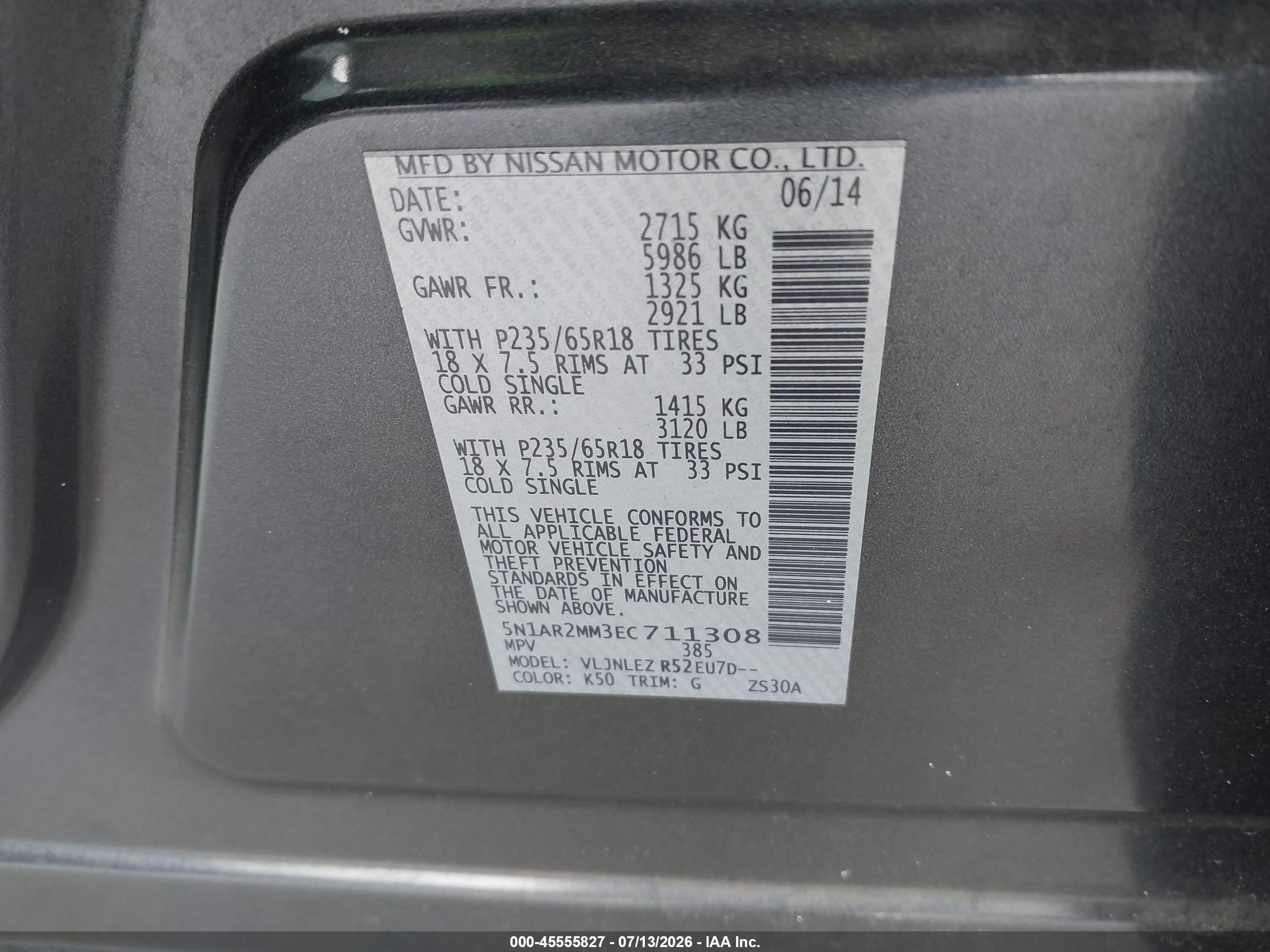 2014 Nissan Pathfinder Sv Gray vin: 5N1AR2MM3EC711308