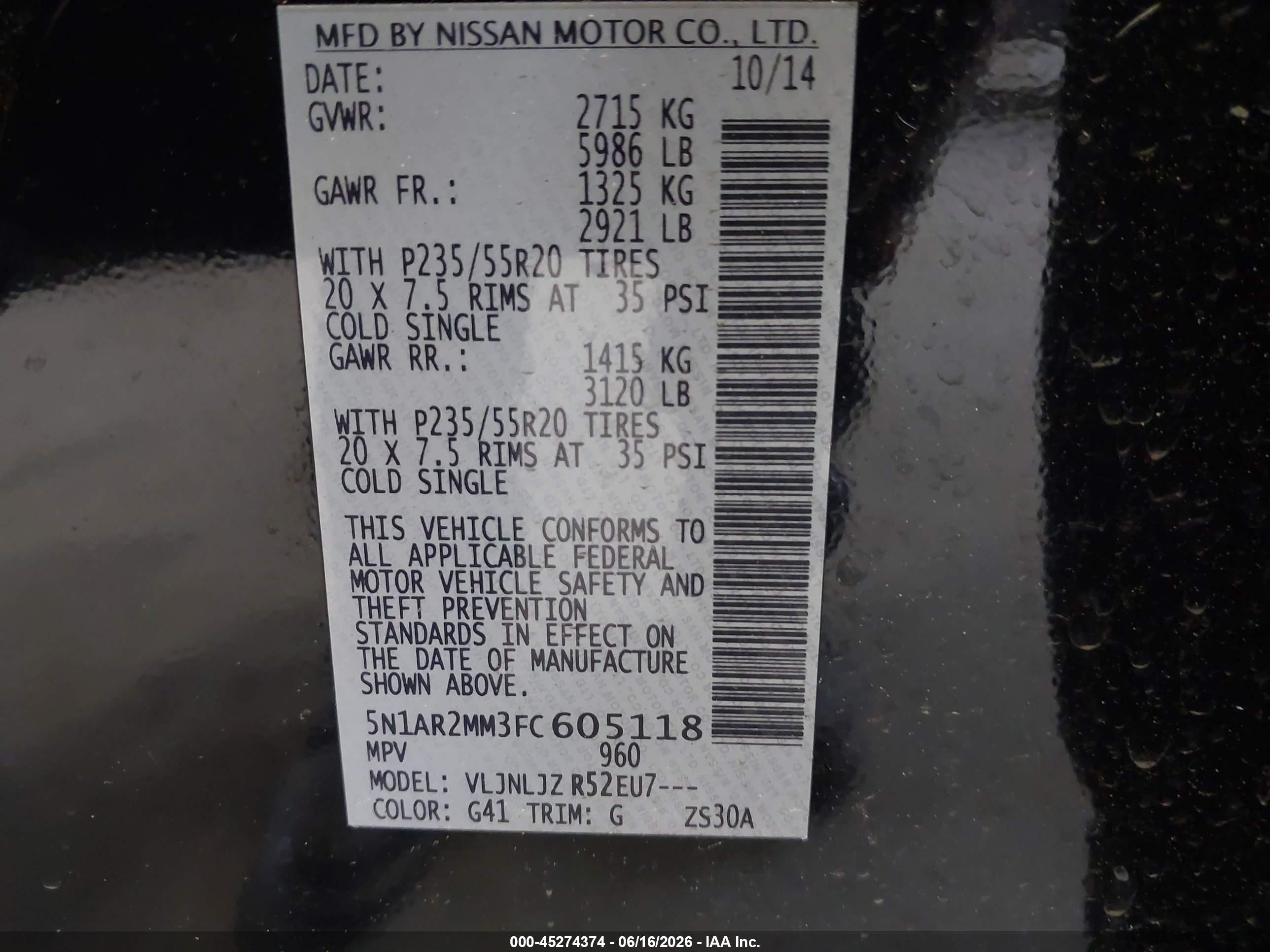 2015 Nissan Pathfinder Platinum Black vin: 5N1AR2MM3FC605118