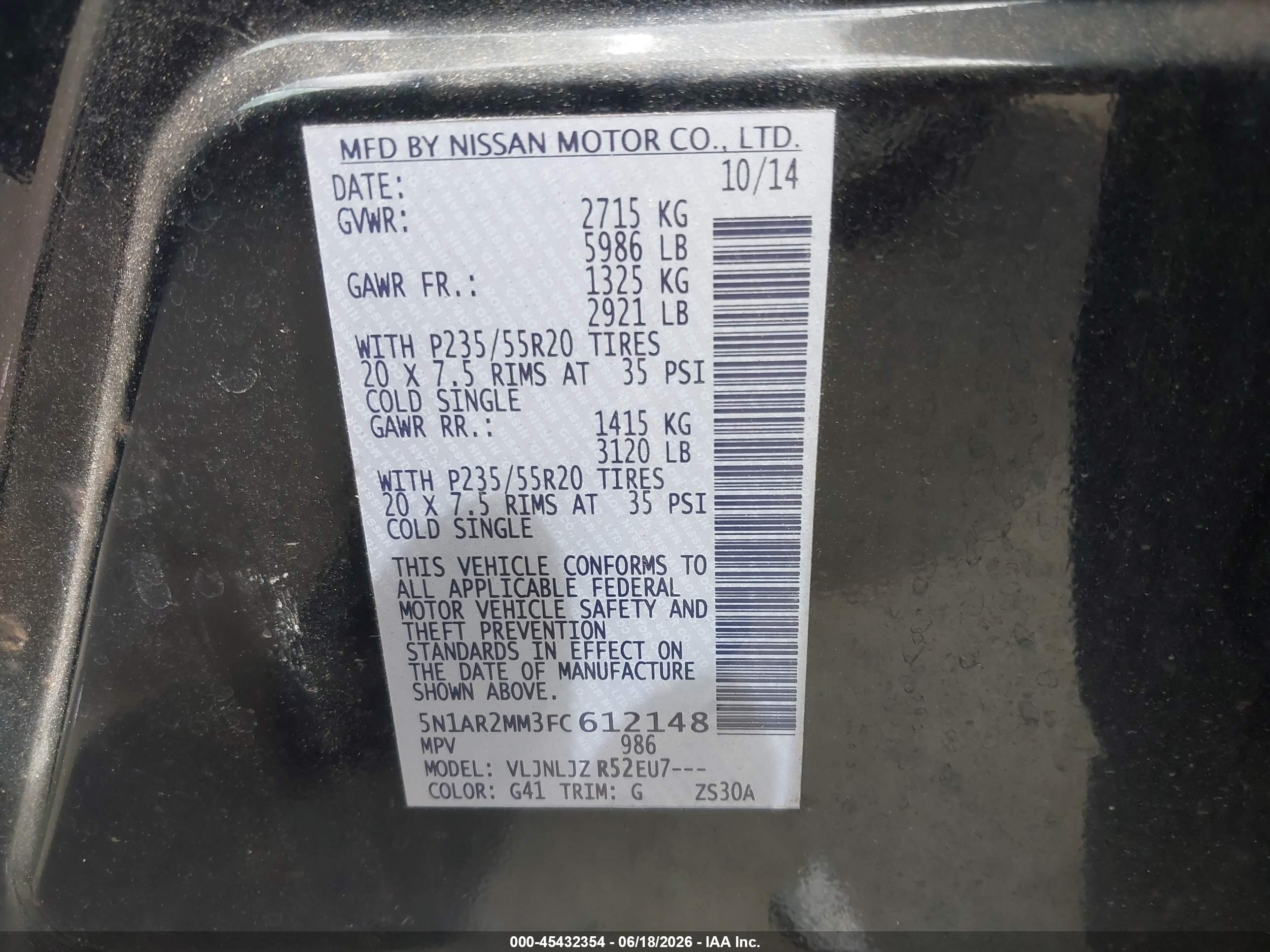 2015 Nissan Pathfinder Platinum Black vin: 5N1AR2MM3FC612148