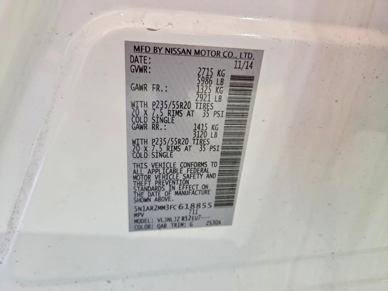 2015 Nissan Pathfinder S/sv/sl/platinum White vin: 5N1AR2MM3FC618855