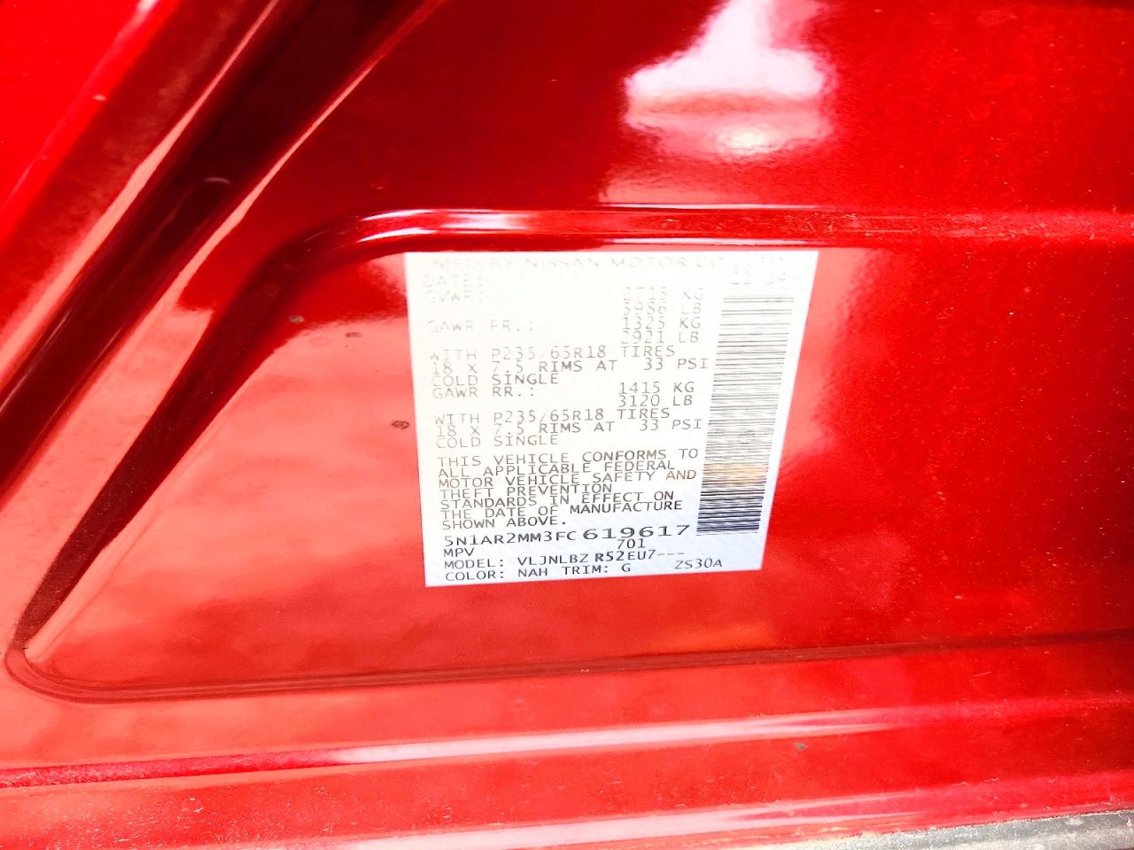 2015 Nissan Pathfinder S Red vin: 5N1AR2MM3FC619617