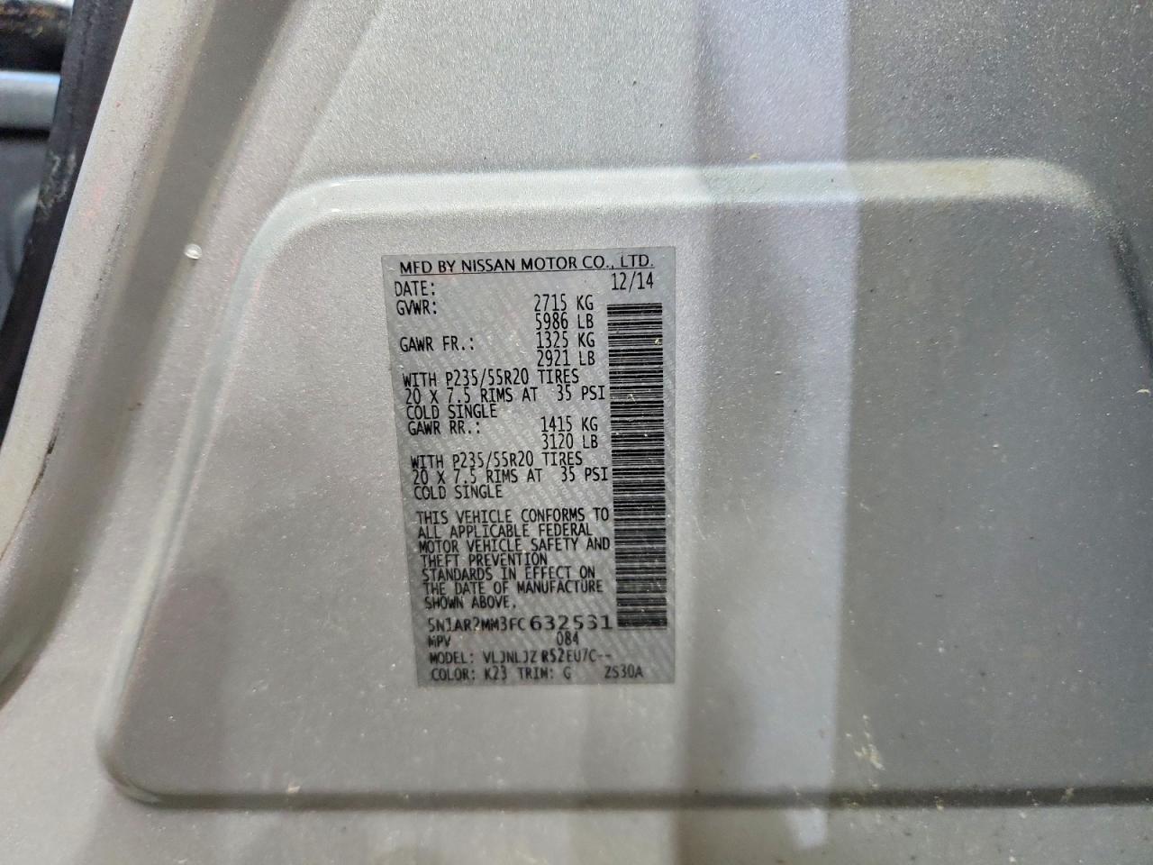 2015 Nissan Pathfinder Platinum Серебряный vin: 5N1AR2MM3FC632531