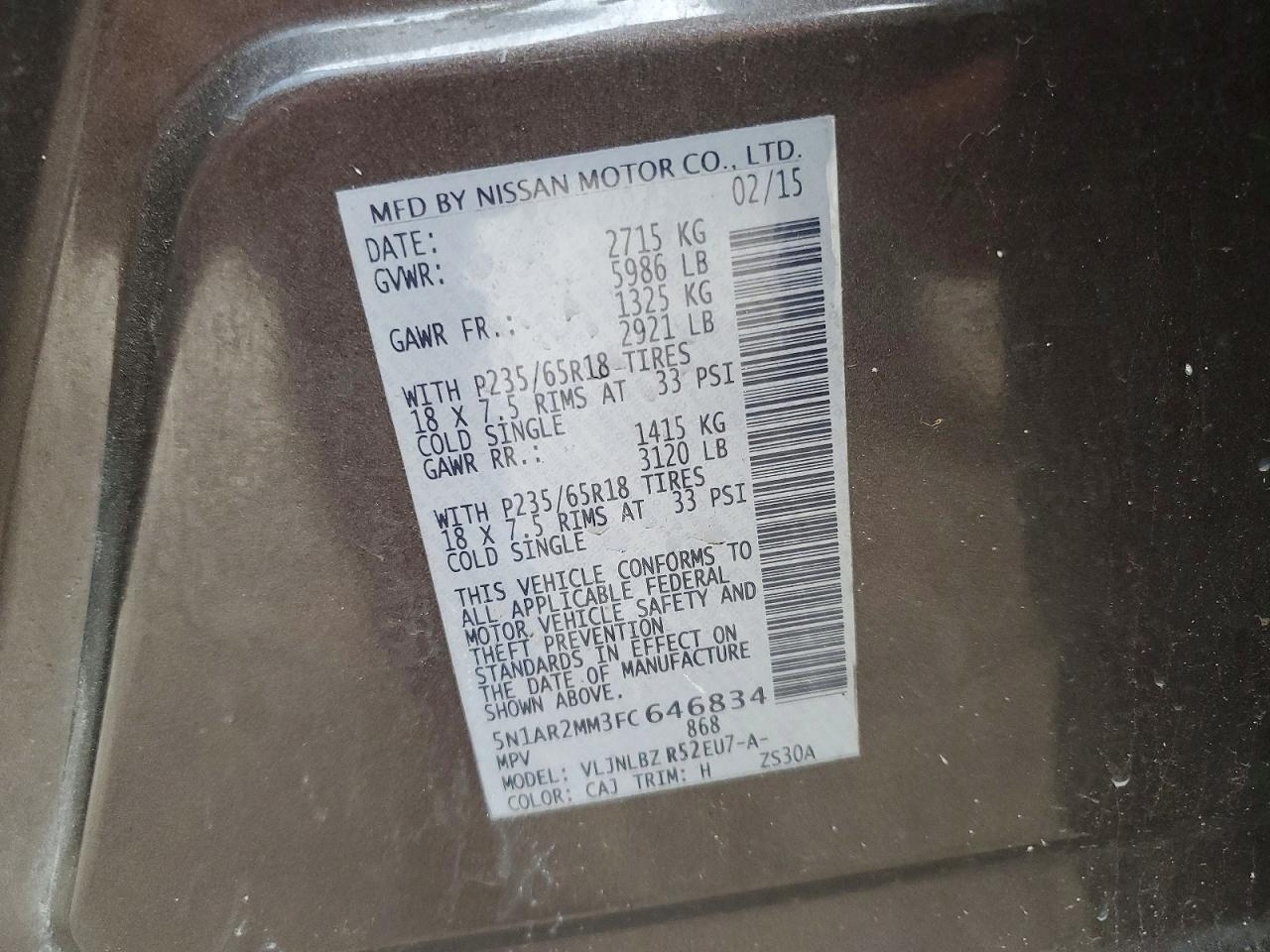 2015 Nissan Pathfinder S Угольный vin: 5N1AR2MM3FC646834