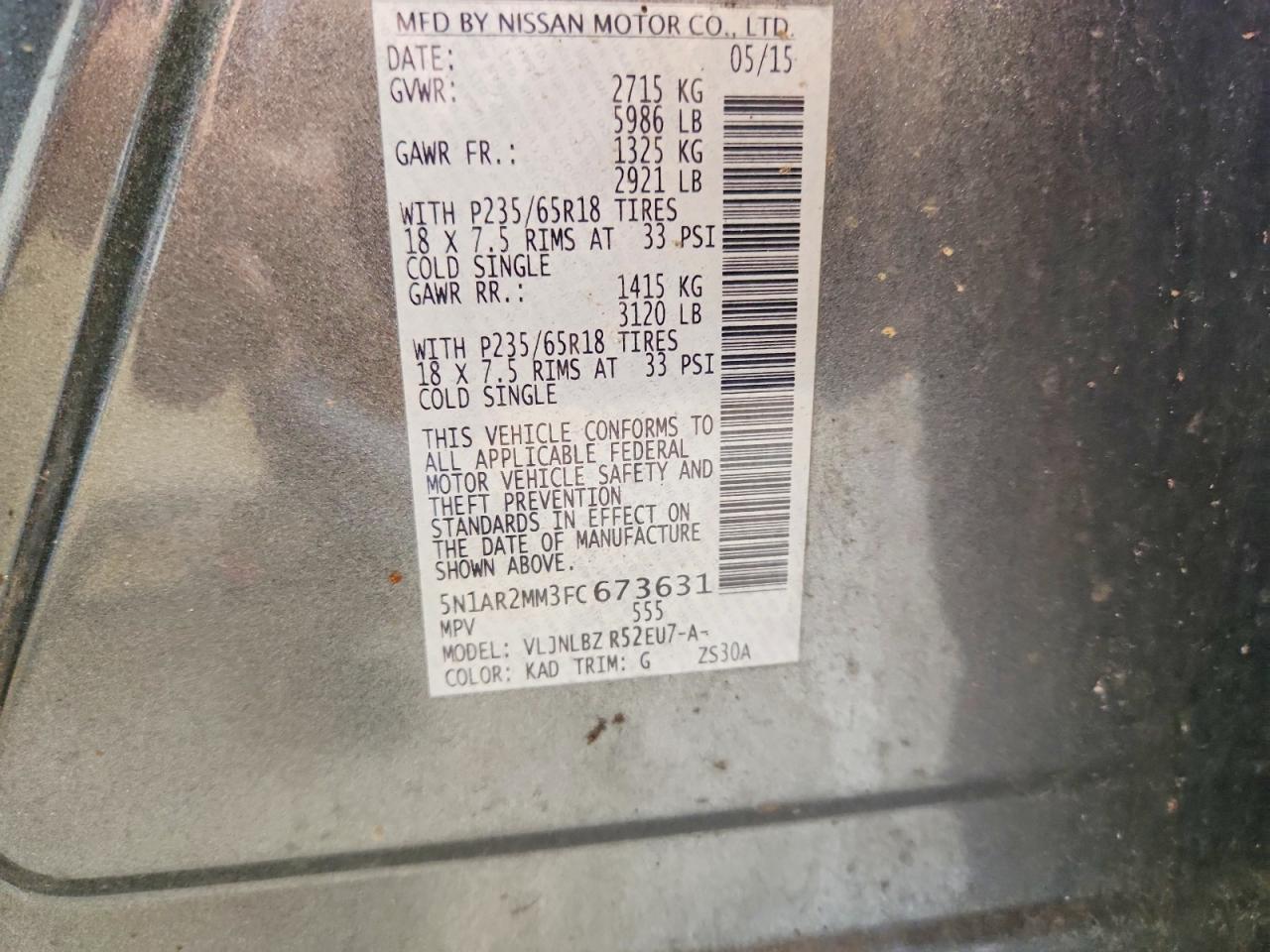 2015 Nissan Pathfinder S Gray vin: 5N1AR2MM3FC673631