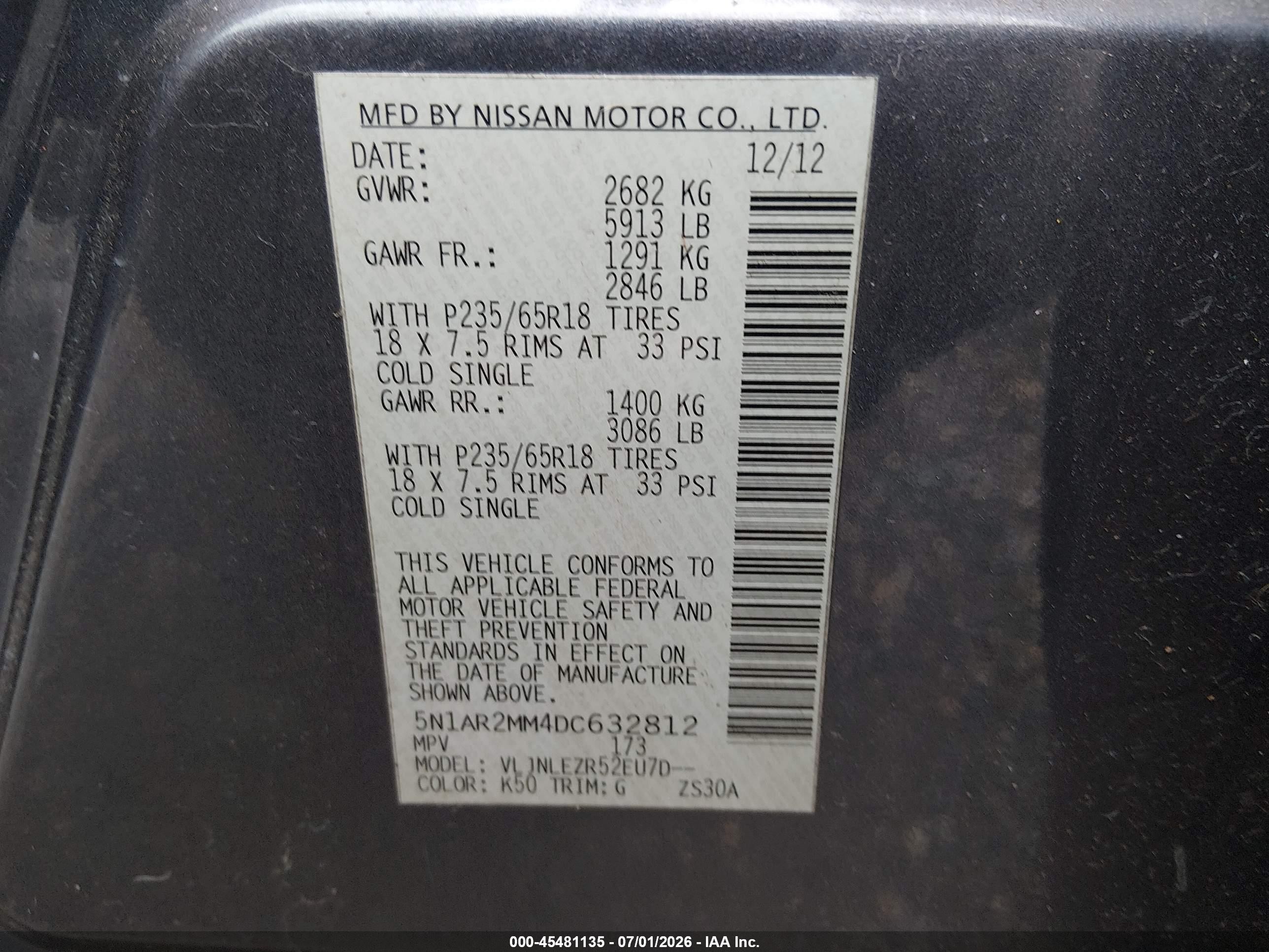 2013 Nissan Pathfinder Sv Gray vin: 5N1AR2MM4DC632812