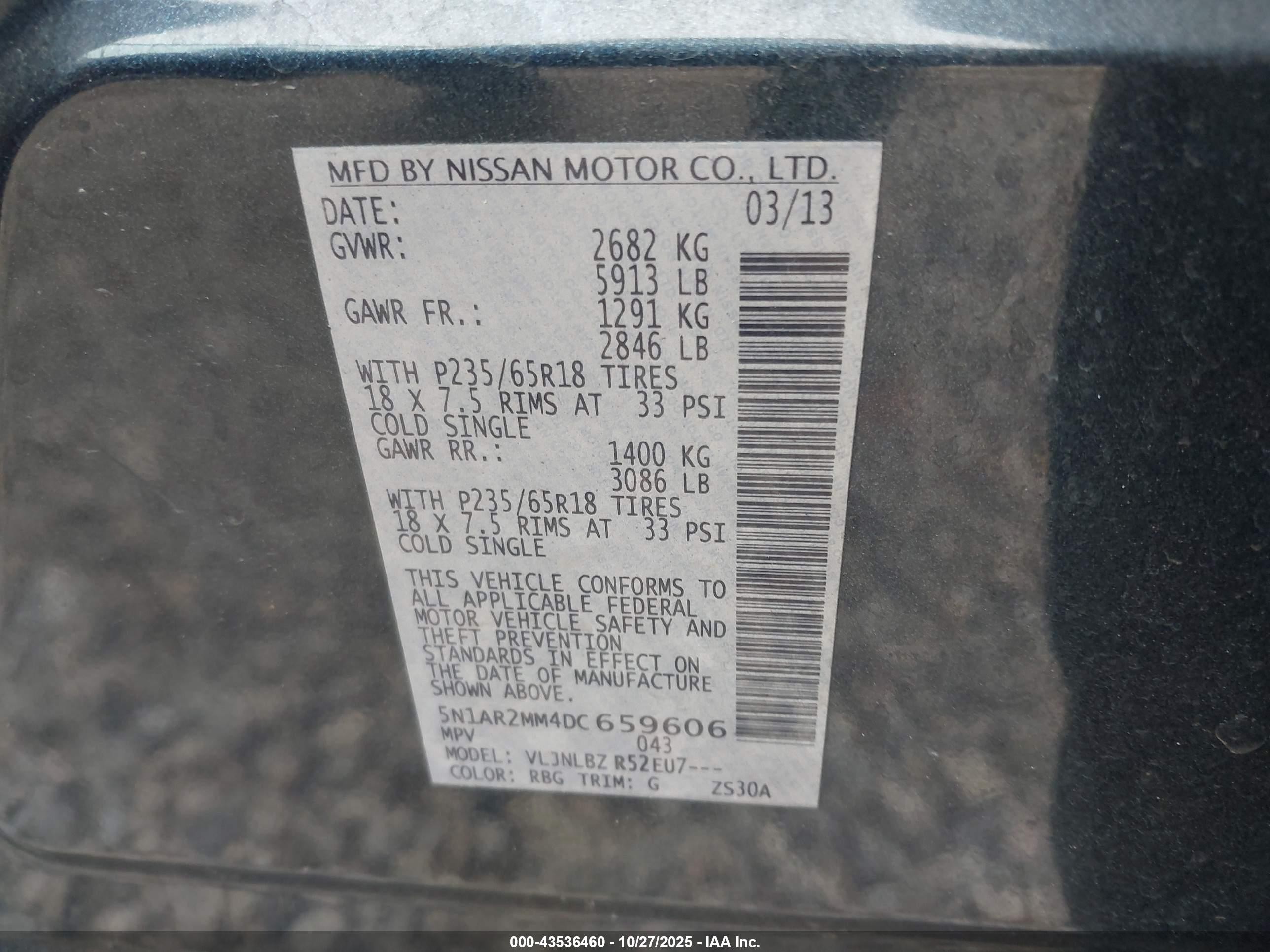 2013 Nissan Pathfinder S Blue vin: 5N1AR2MM4DC659606