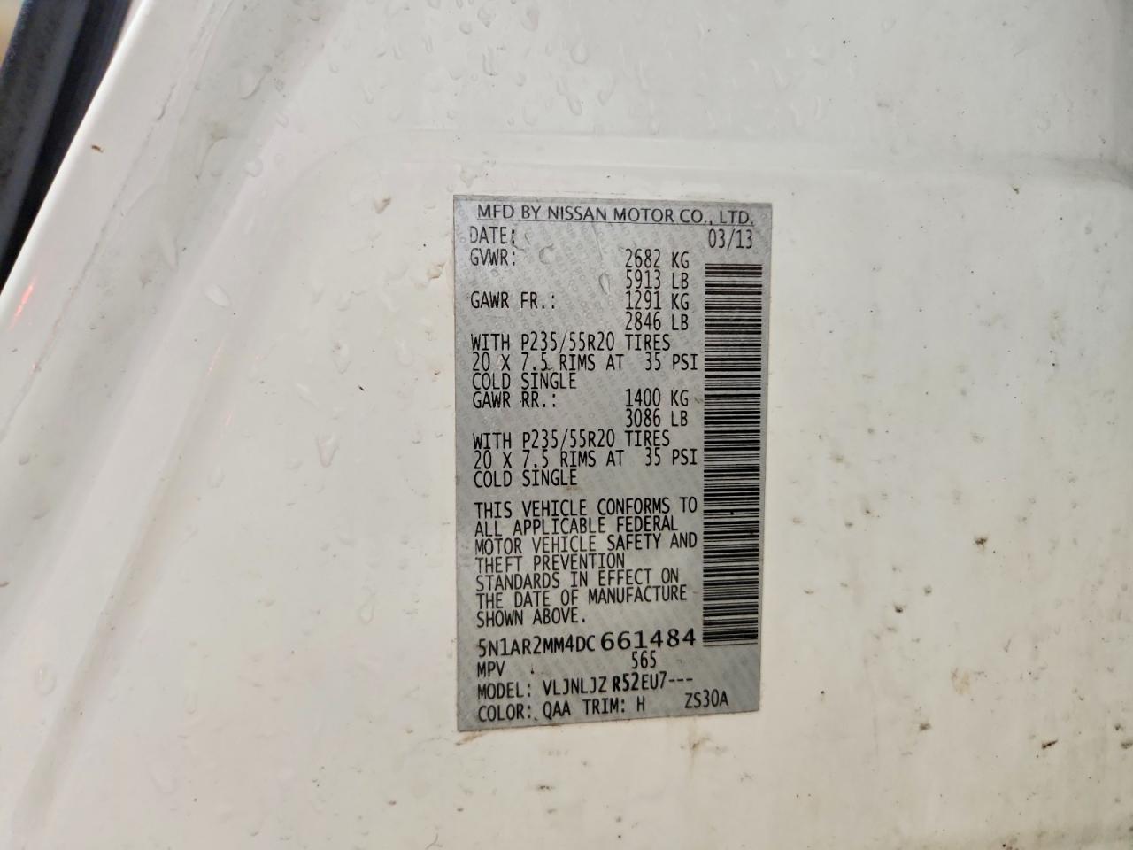 2013 Nissan Pathfinder S White vin: 5N1AR2MM4DC661484