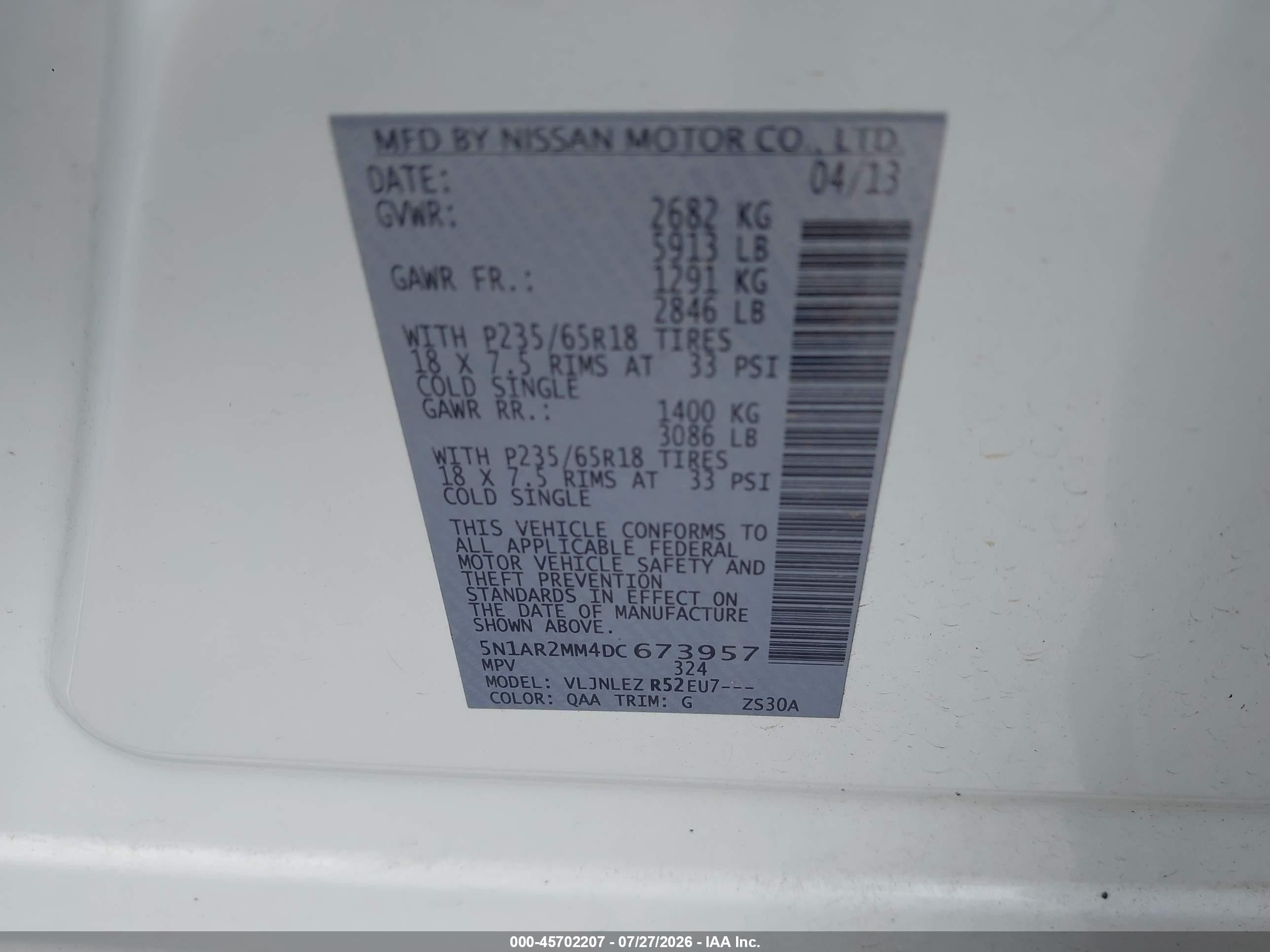 2013 Nissan Pathfinder Sv White vin: 5N1AR2MM4DC673957