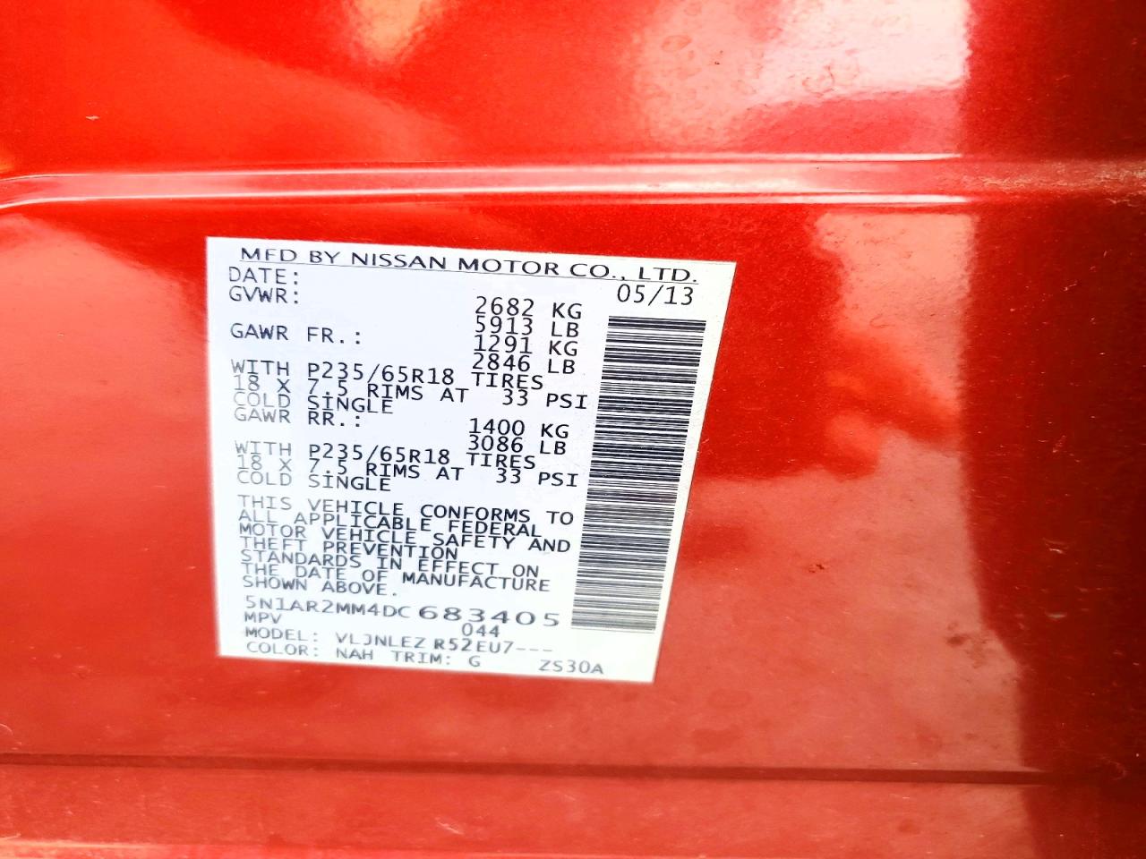 2013 Nissan Pathfinder S Red vin: 5N1AR2MM4DC683405