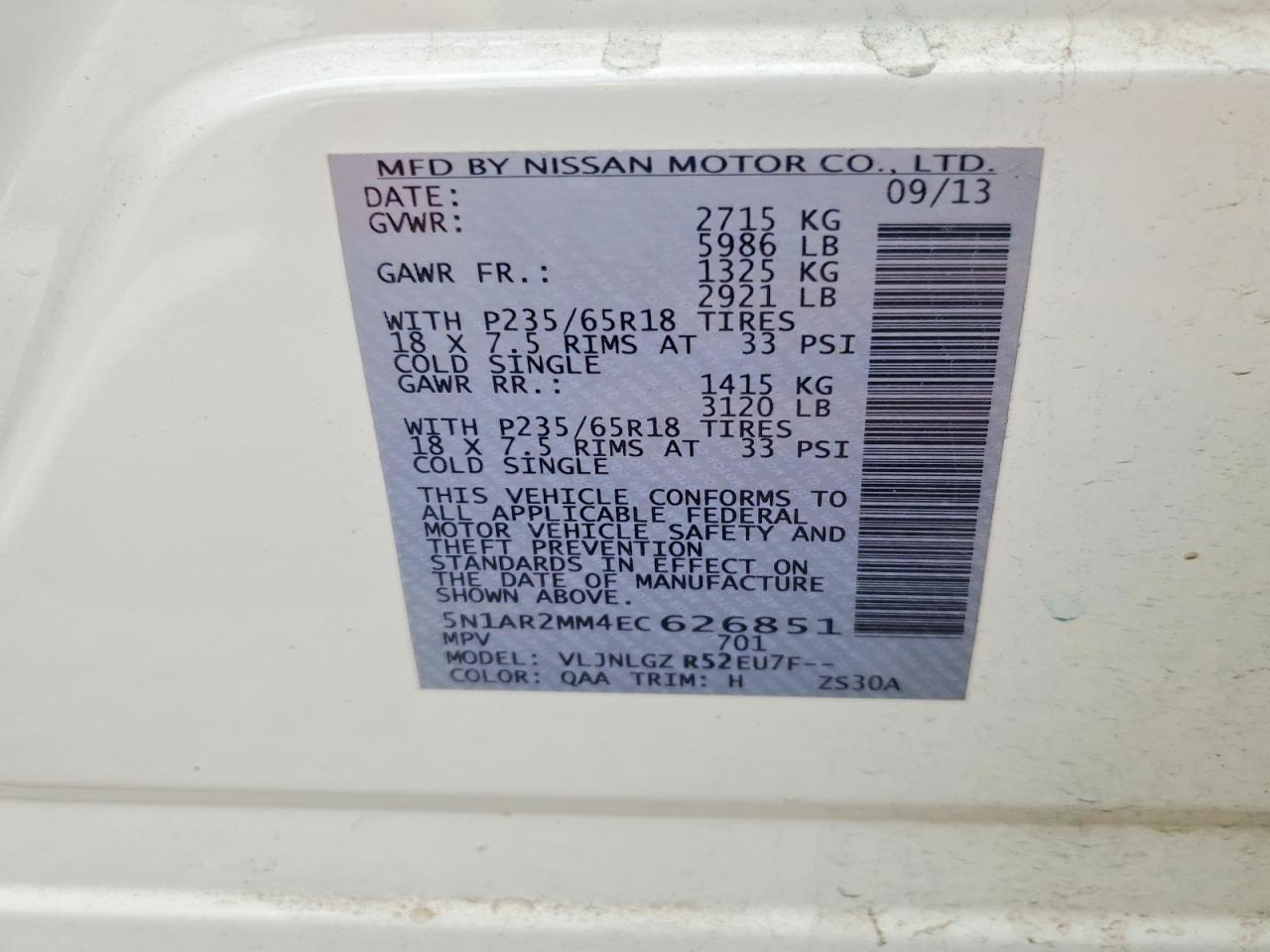 2014 Nissan Pathfinder Sl White vin: 5N1AR2MM4EC626851