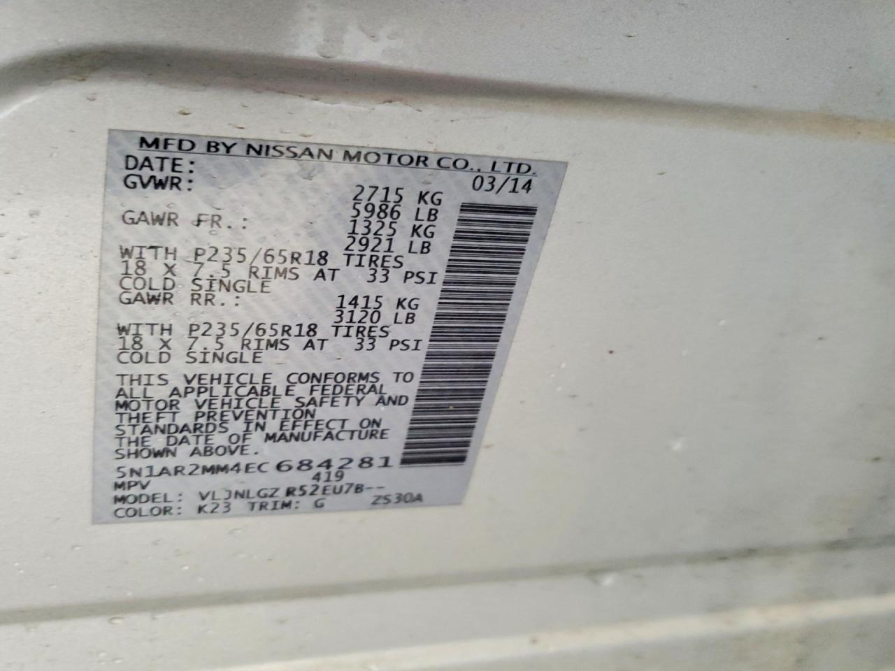 2014 Nissan Pathfinder Sl Silver vin: 5N1AR2MM4EC684281