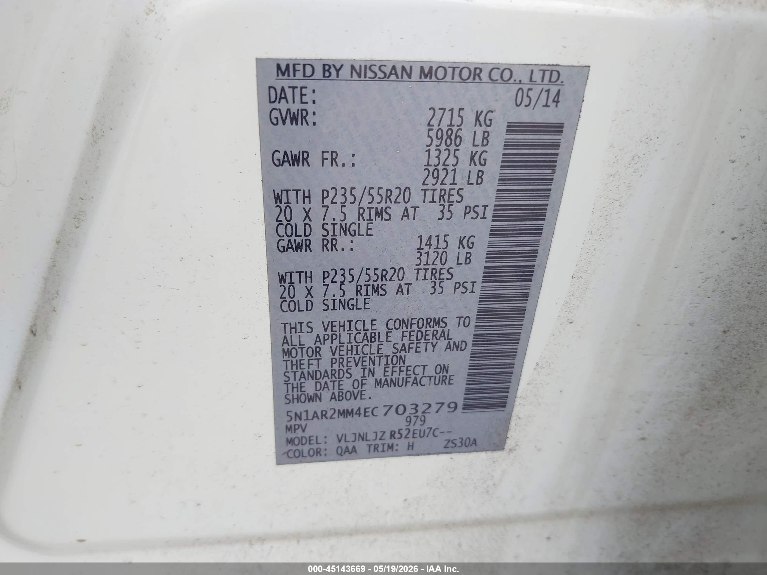 2014 Nissan Pathfinder Platinum Белый vin: 5N1AR2MM4EC703279