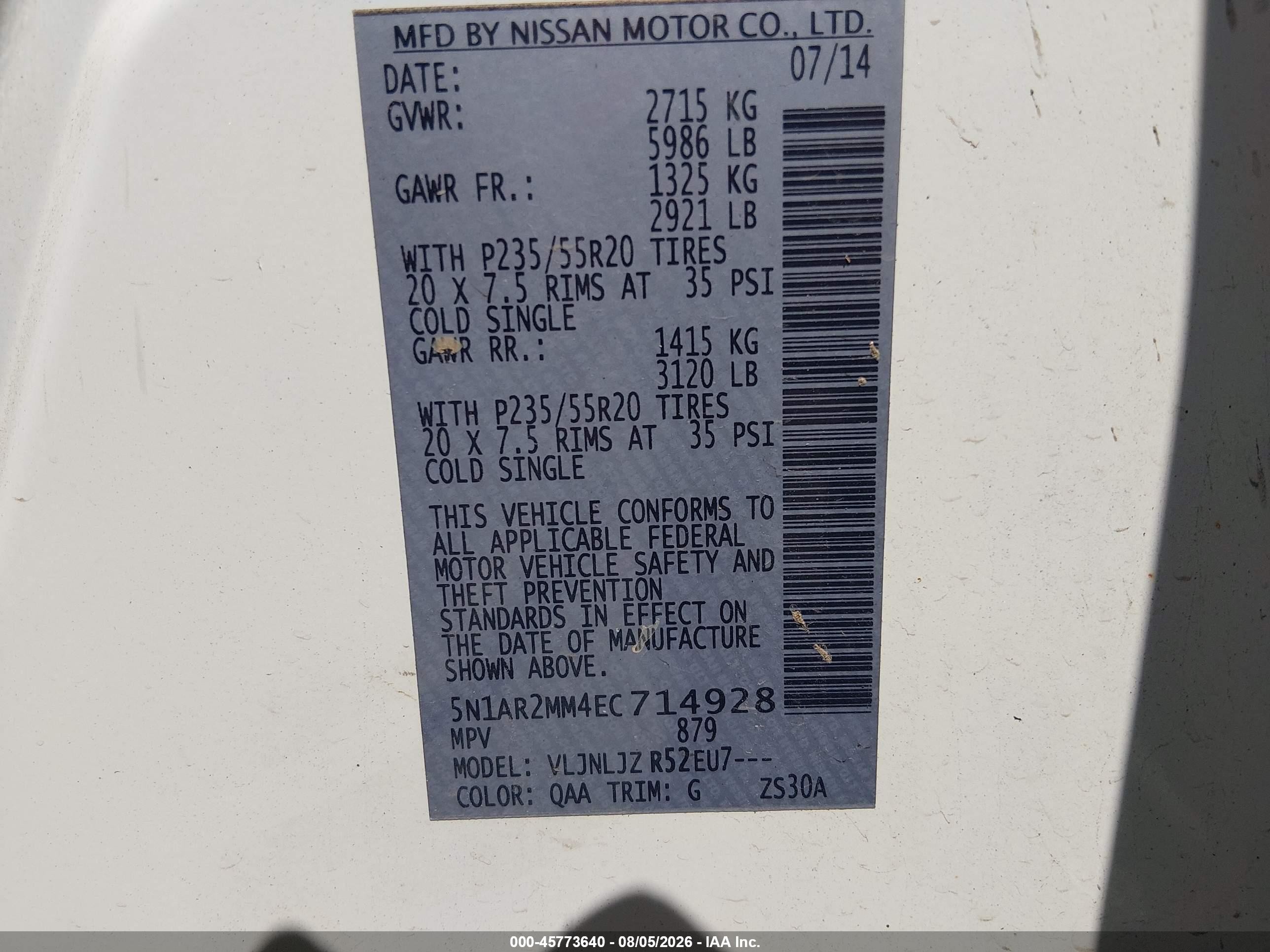 2014 Nissan Pathfinder Platinum Белый vin: 5N1AR2MM4EC714928