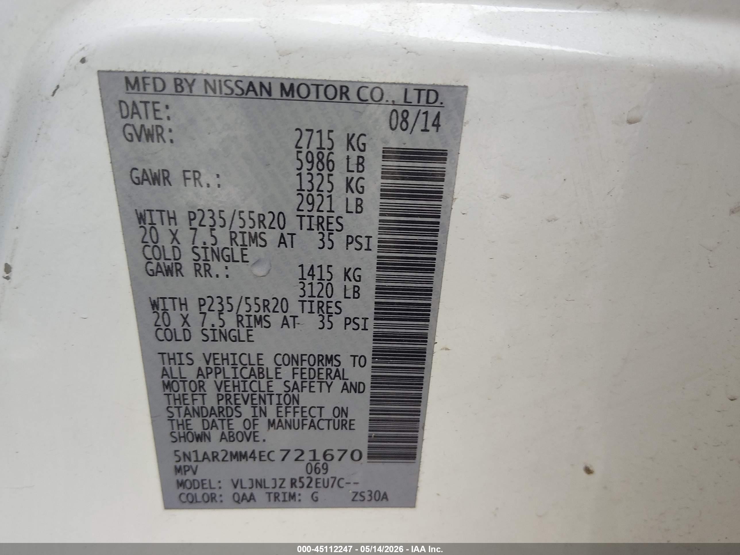 2014 Nissan Pathfinder Platinum White vin: 5N1AR2MM4EC721670