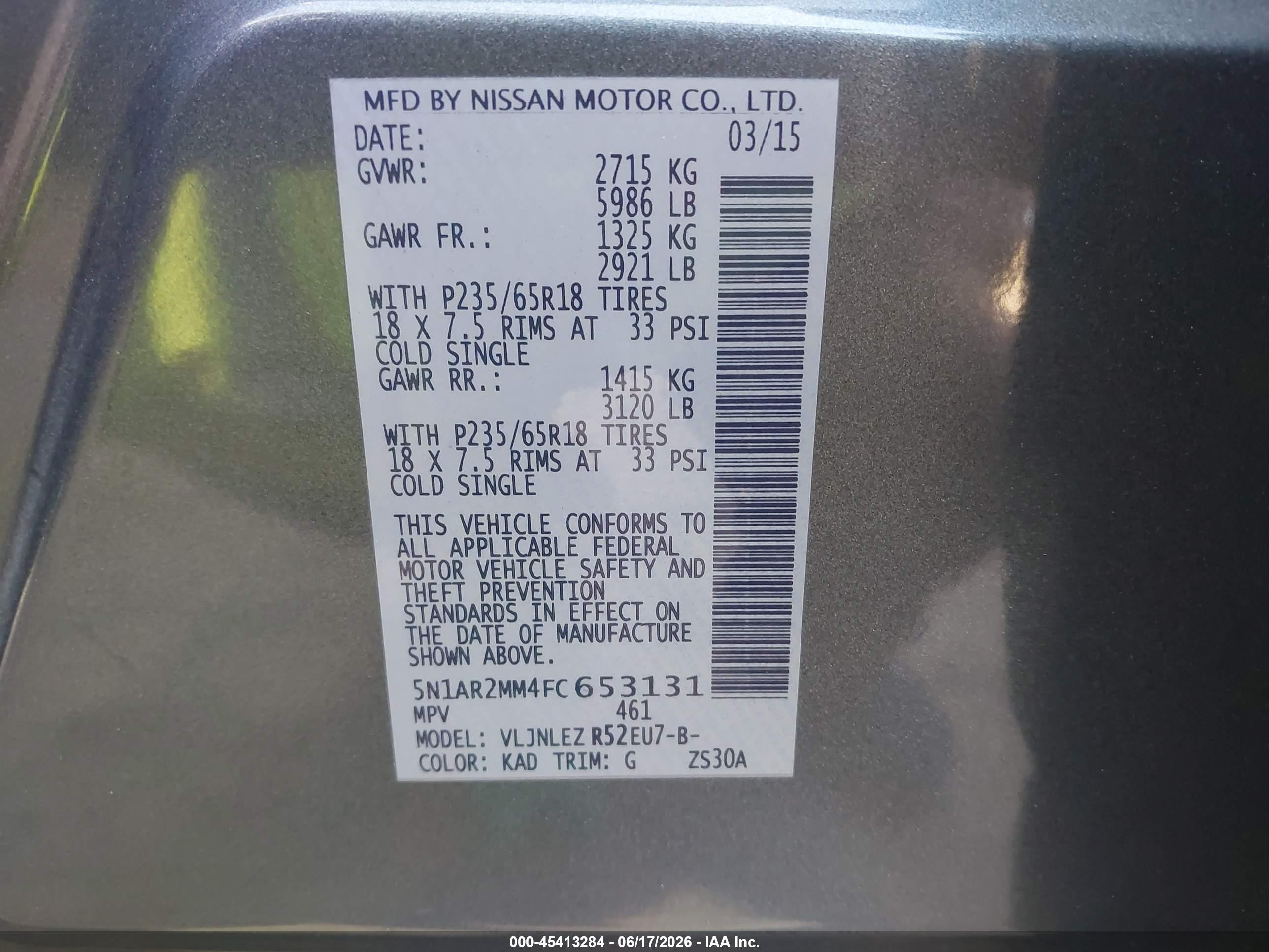 2015 Nissan Pathfinder Platinum/s/sl/sv Gray vin: 5N1AR2MM4FC653131
