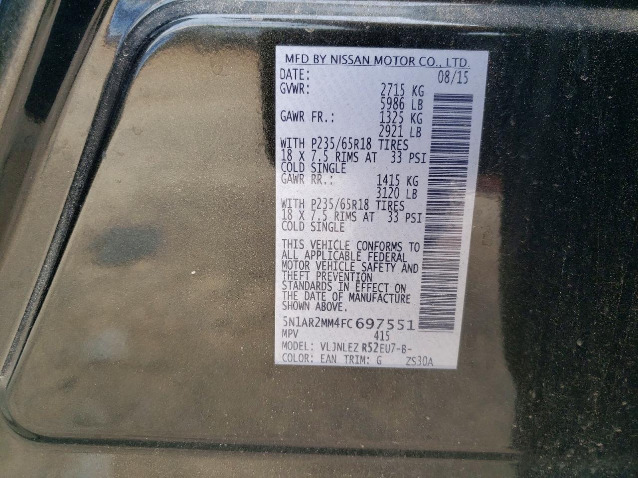 2015 Nissan Pathfinder Sv Gray vin: 5N1AR2MM4FC697551