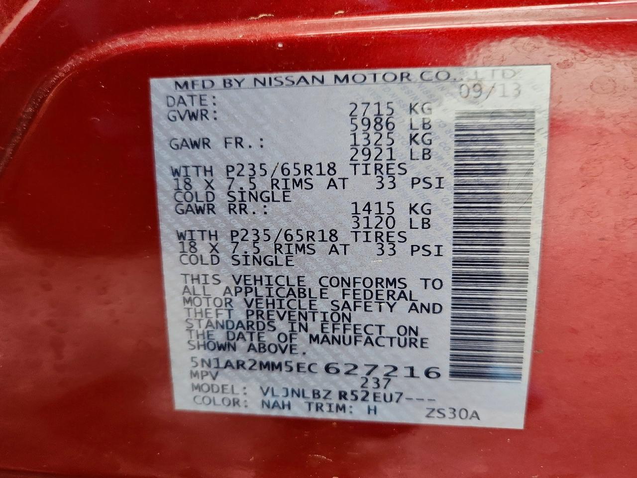 2014 Nissan Pathfinder S Red vin: 5N1AR2MM5EC627216